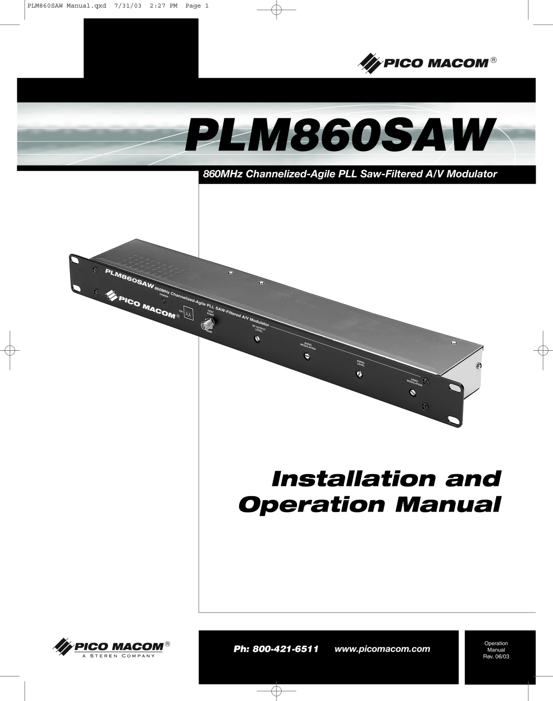 Pico Macom PFAM860SAW operation manual PLM860SAW Manual.qxd 7/31/03 2 27 PM Page, Rev. 06/03, Operation 