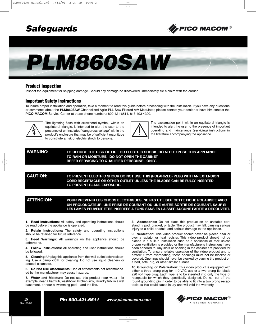 Pico Macom PFAM860SAW operation manual Safeguards, Product Inspection, Important Safety Instructions, PLM860SAW 