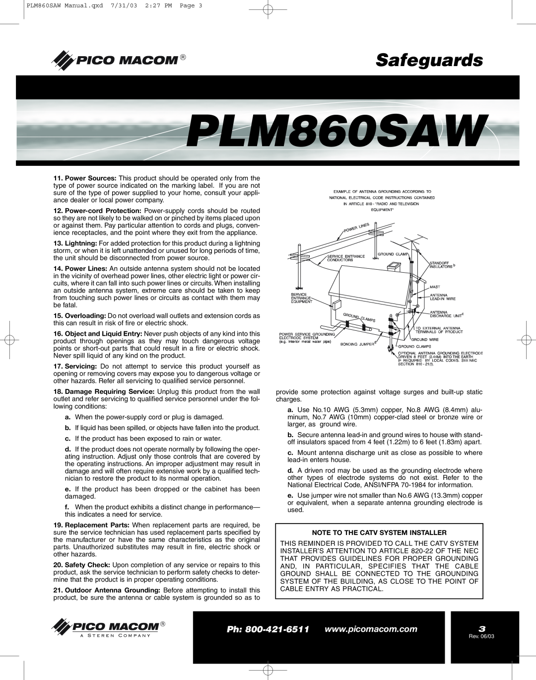 Pico Macom PFAM860SAW operation manual PLM860SAW, Safeguards, Note To The Catv System Installer 