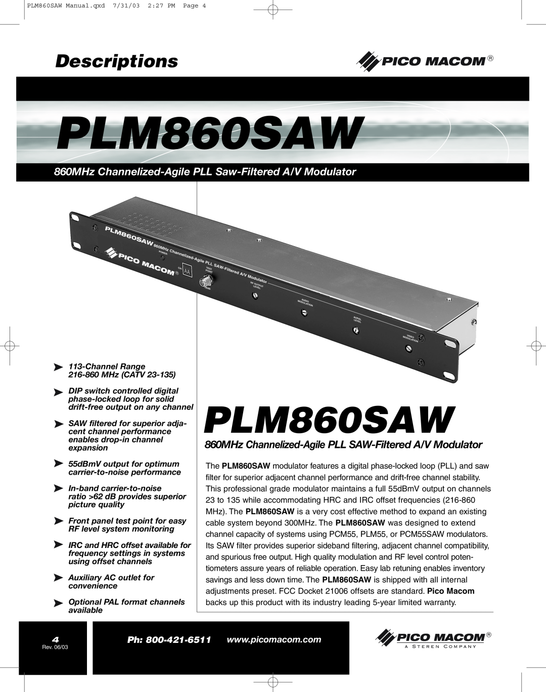 Pico Macom PFAM860SAW operation manual Descriptions, PLM860SAW 