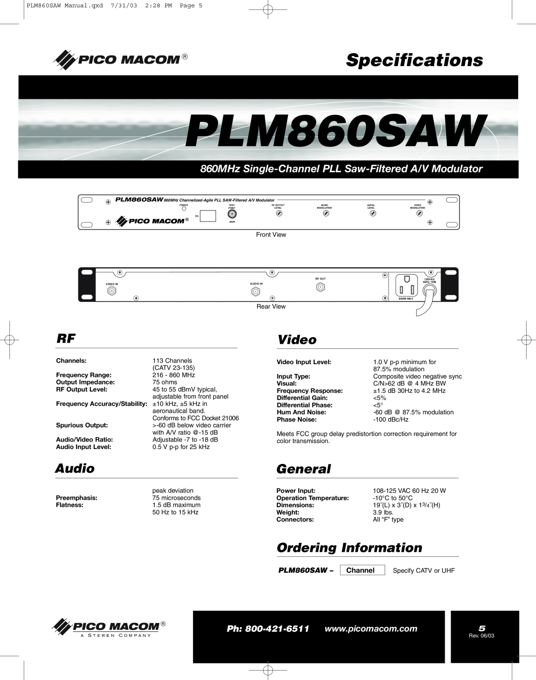 Pico Macom PFAM860SAW operation manual Specifications, Audio, Video, General, Ordering Information, PLM860SAW - Channel 