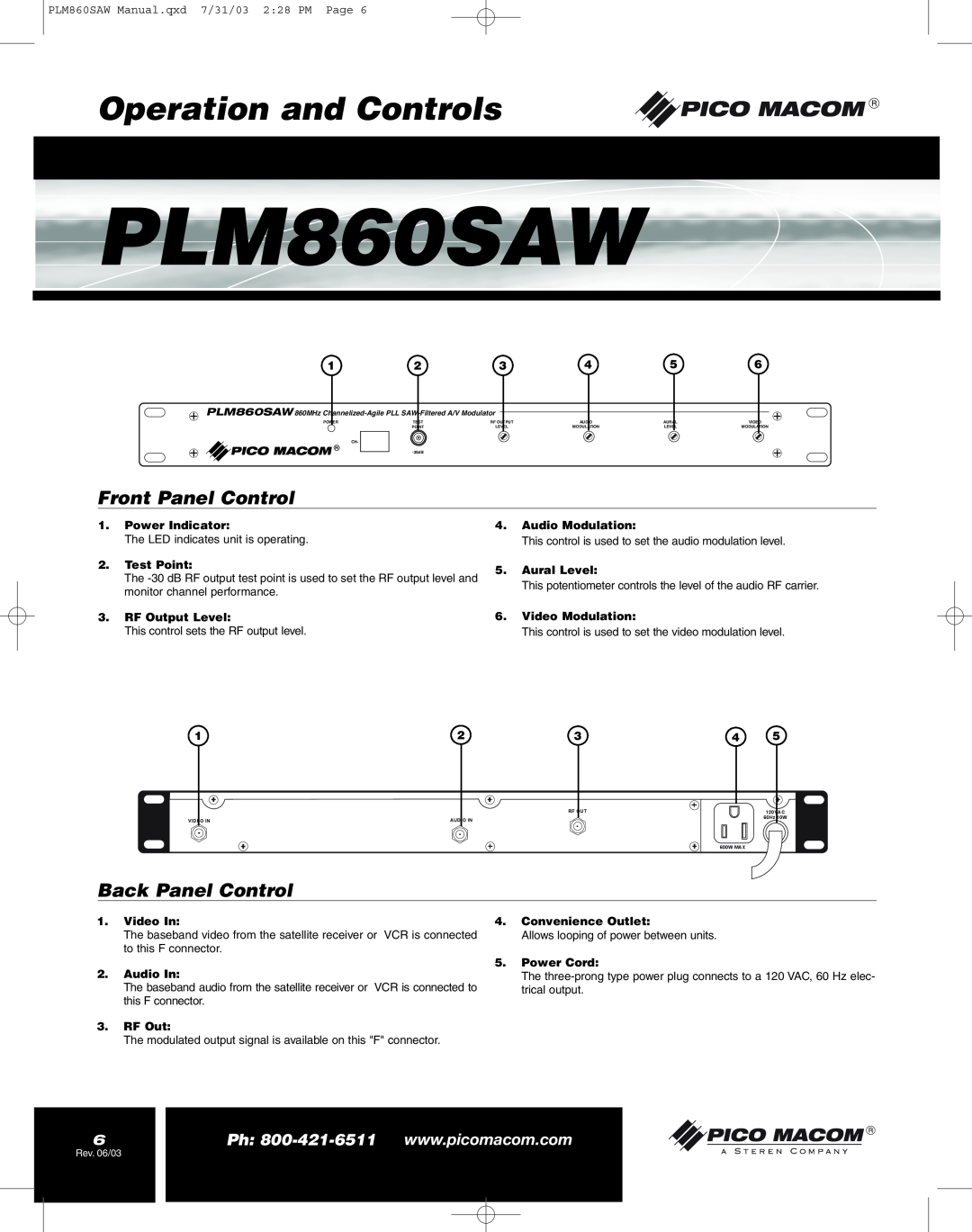 Pico Macom PFAM860SAW operation manual Operation and Controls, Front Panel Control, Back Panel Control, PLM860SAW 