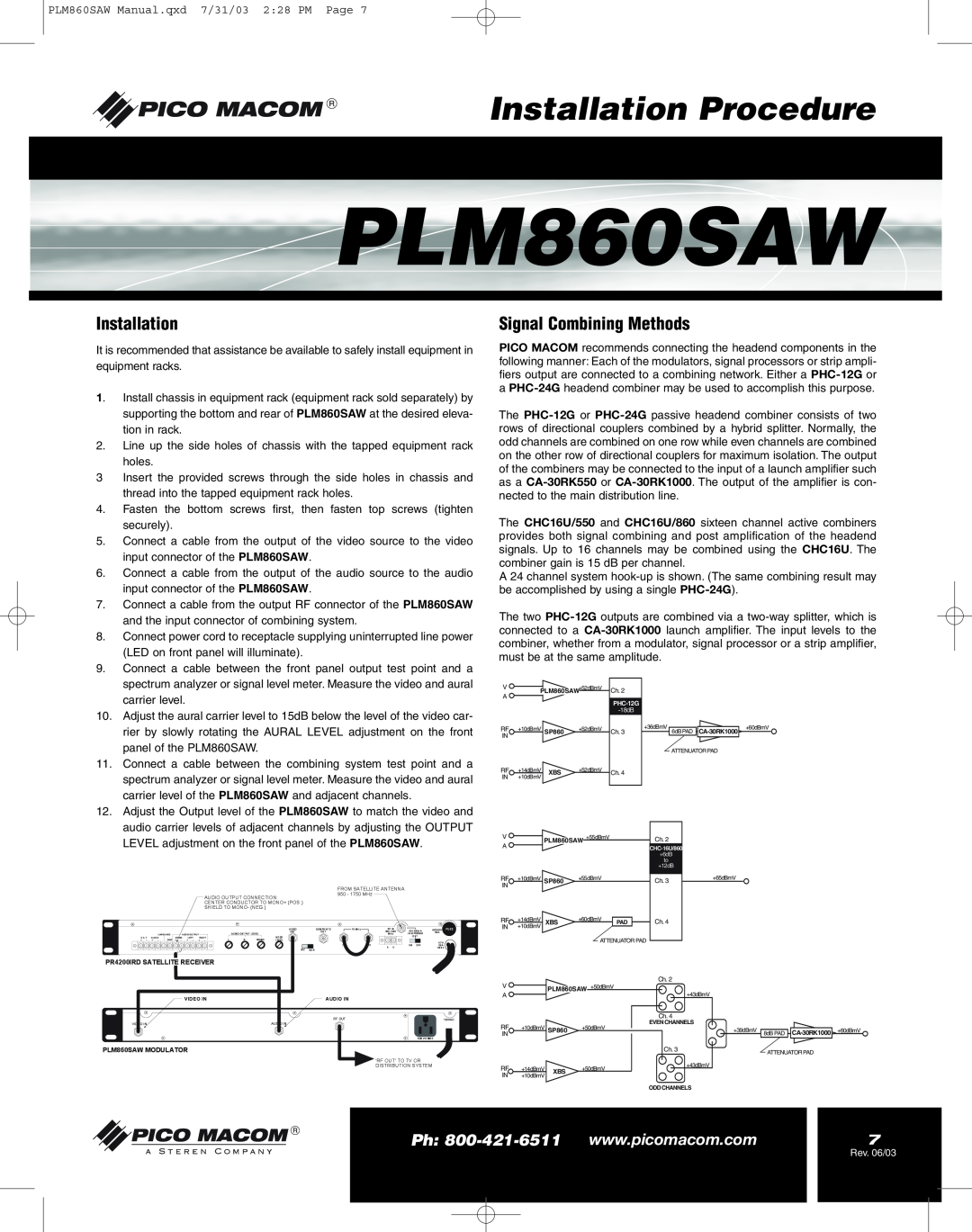 Pico Macom PFAM860SAW operation manual Installation Procedure, Signal Combining Methods, PLM860SAW 