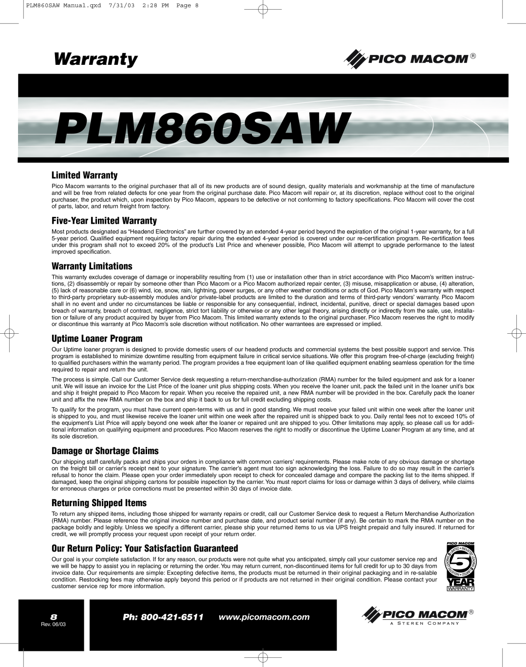 Pico Macom PFAM860SAW Five-YearLimited Warranty, Warranty Limitations, Uptime Loaner Program, PLM860SAW 