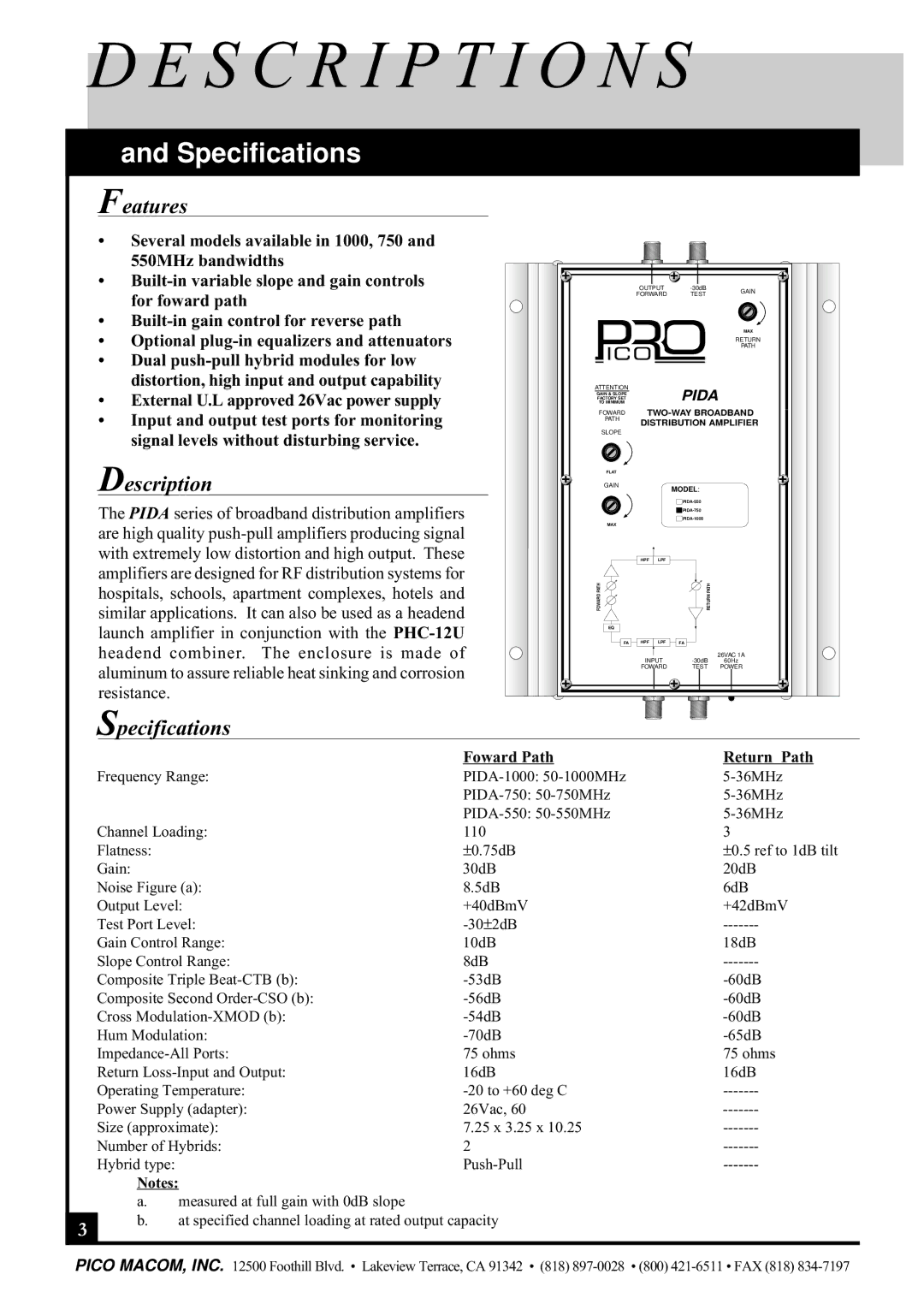 Pico Macom PIDA-1000, PIDA-550, PIDA-750 operation manual S C R I P T I O N S, Specifications 