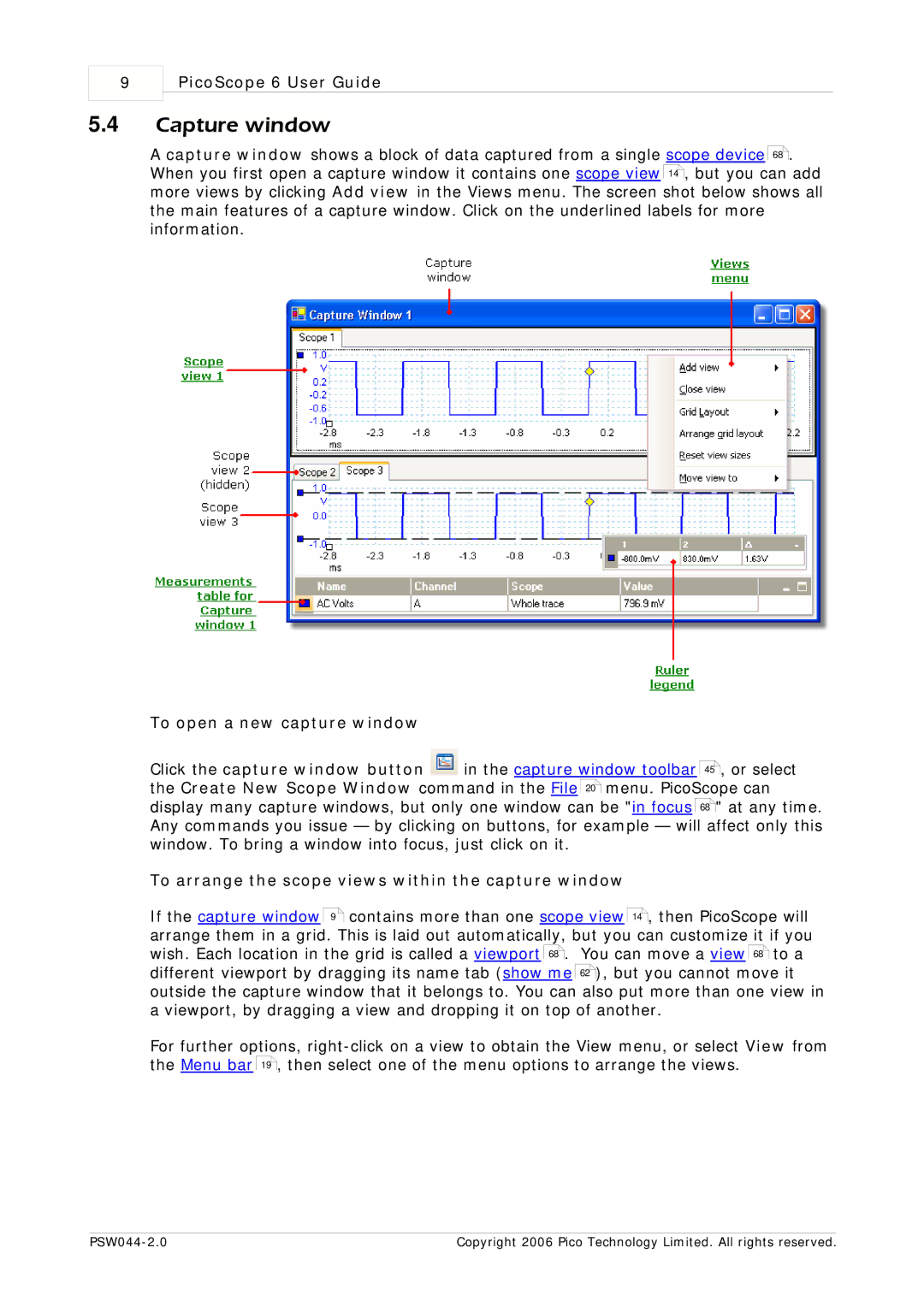 Pico Macom PSW044-2.0 Capture window, To open a new capture window, To arrange the scope views within the capture window 