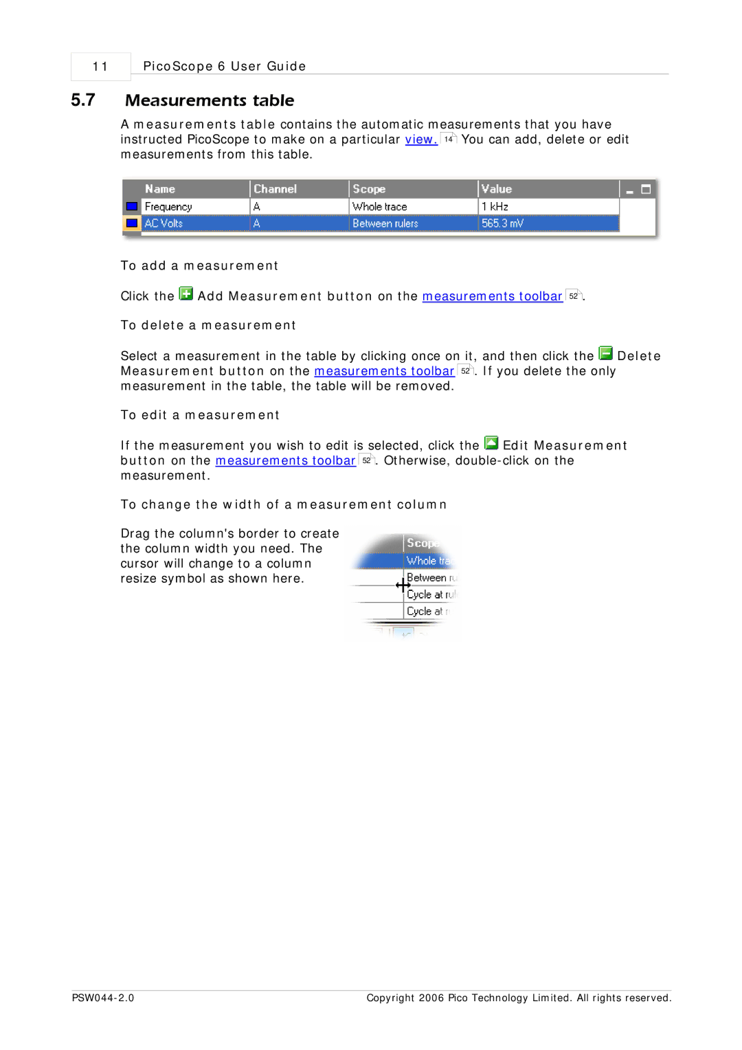 Pico Macom PSW044-2.0 manual Measurements table, To edit a measurement, To change the width of a measurement column 