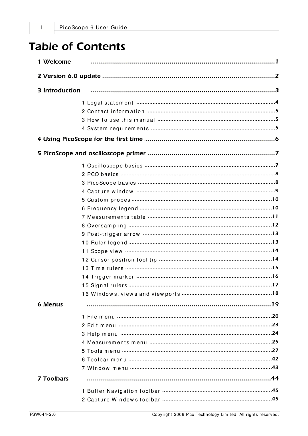 Pico Macom PSW044-2.0 manual Table of Contents 