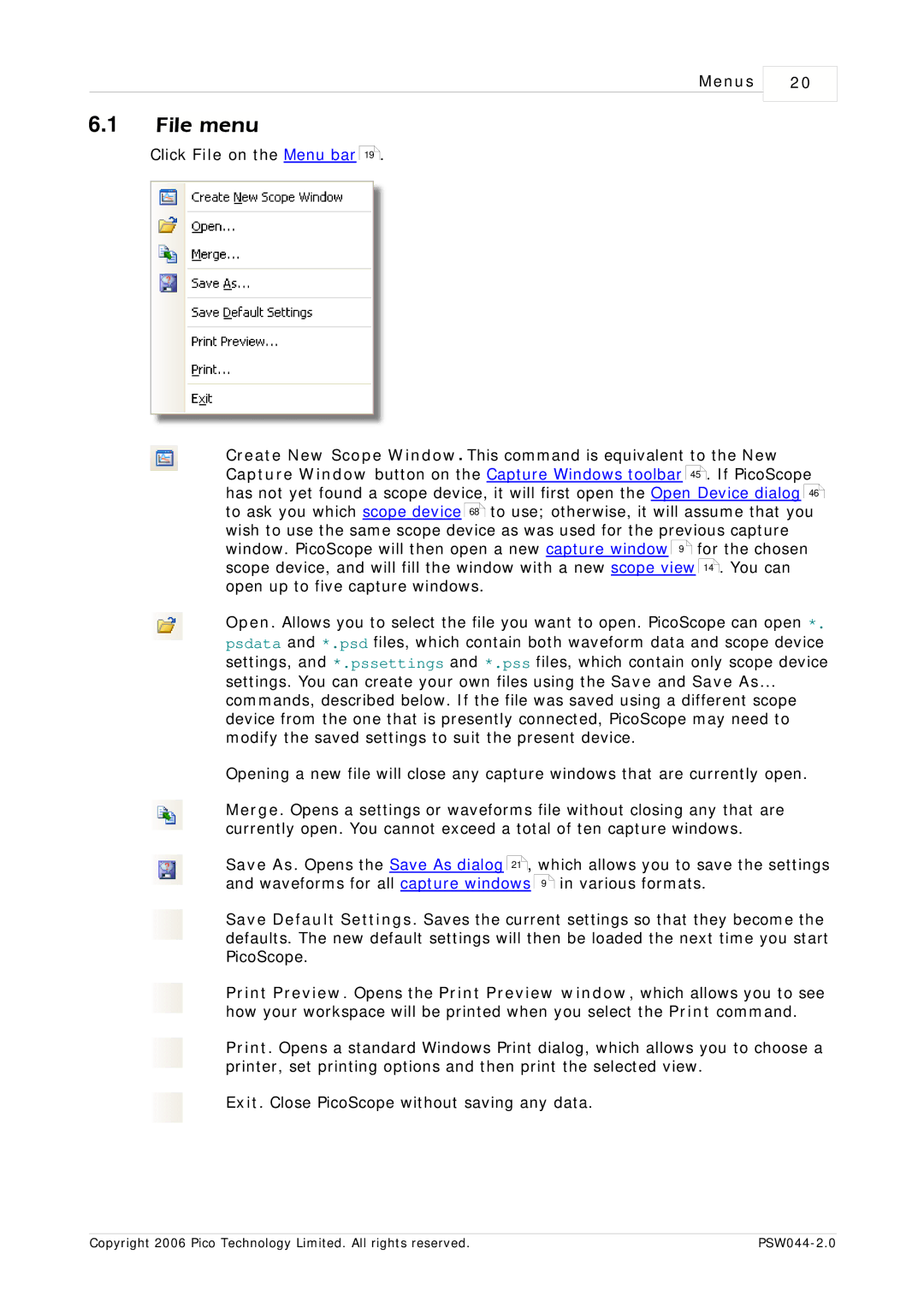 Pico Macom PSW044-2.0 manual File menu, Menus 