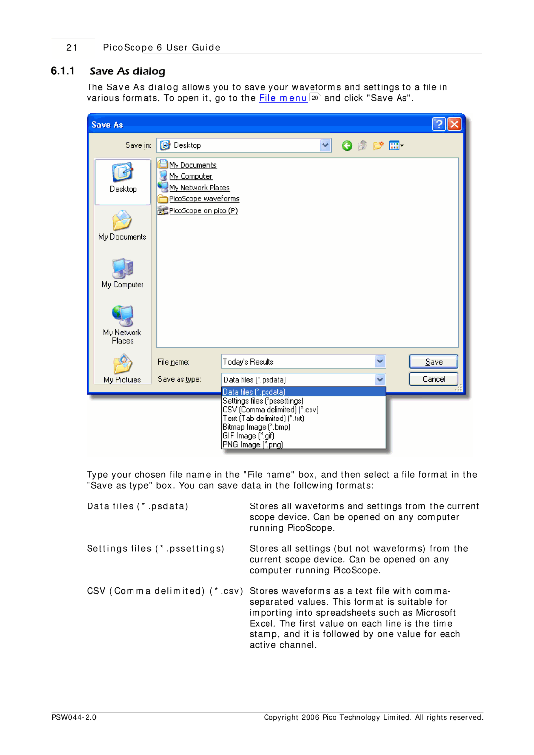 Pico Macom PSW044-2.0 manual Save As dialog, Data files *.psdata, Settings files *.pssettings 