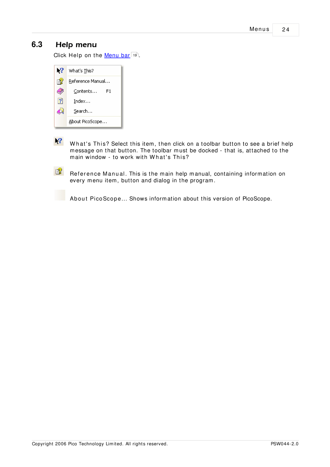 Pico Macom PSW044-2.0 manual Help menu, Menus 
