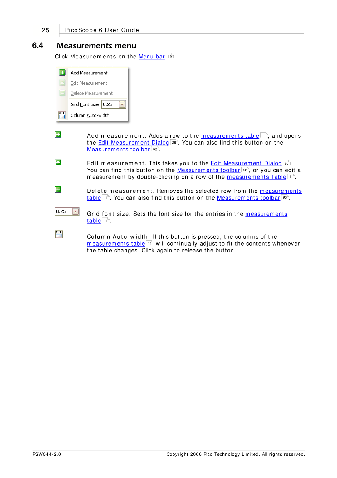 Pico Macom PSW044-2.0 manual Measurements menu 