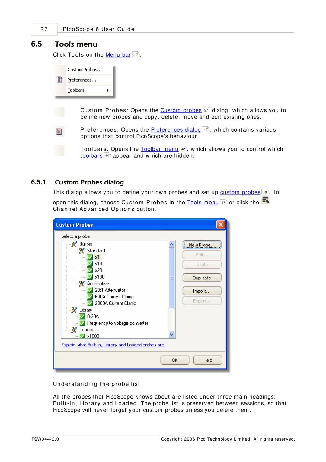 Pico Macom PSW044-2.0 manual Tools menu, Custom Probes dialog 