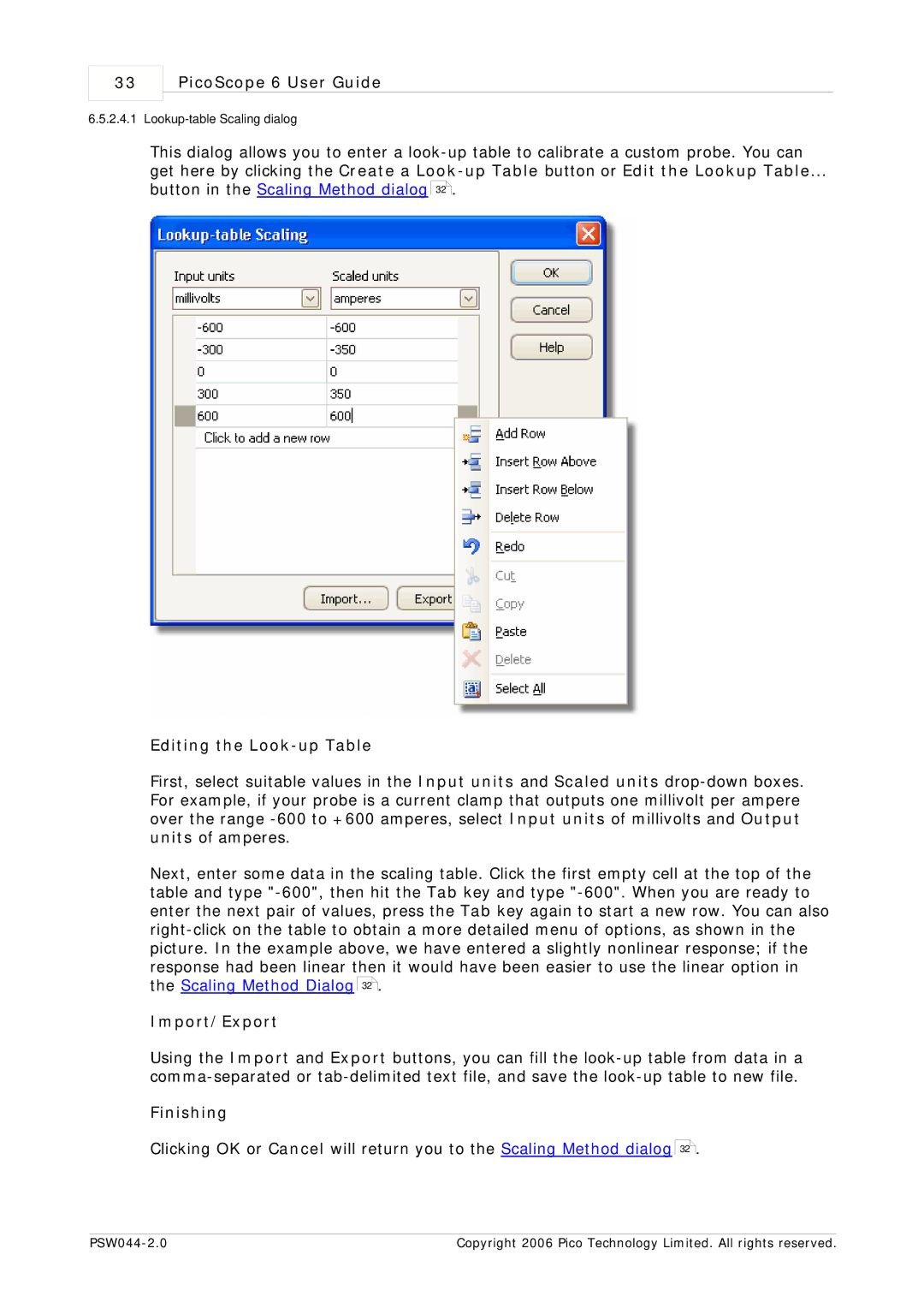 Pico Macom PSW044-2.0 manual Editing the Look-up Table, Import/Export, Finishing 