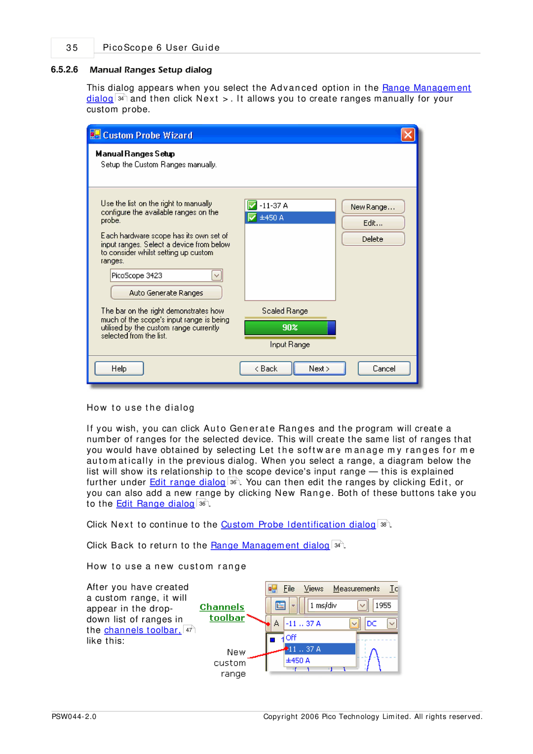 Pico Macom PSW044-2.0 manual Manual Ranges Setup dialog, How to use a new custom range 