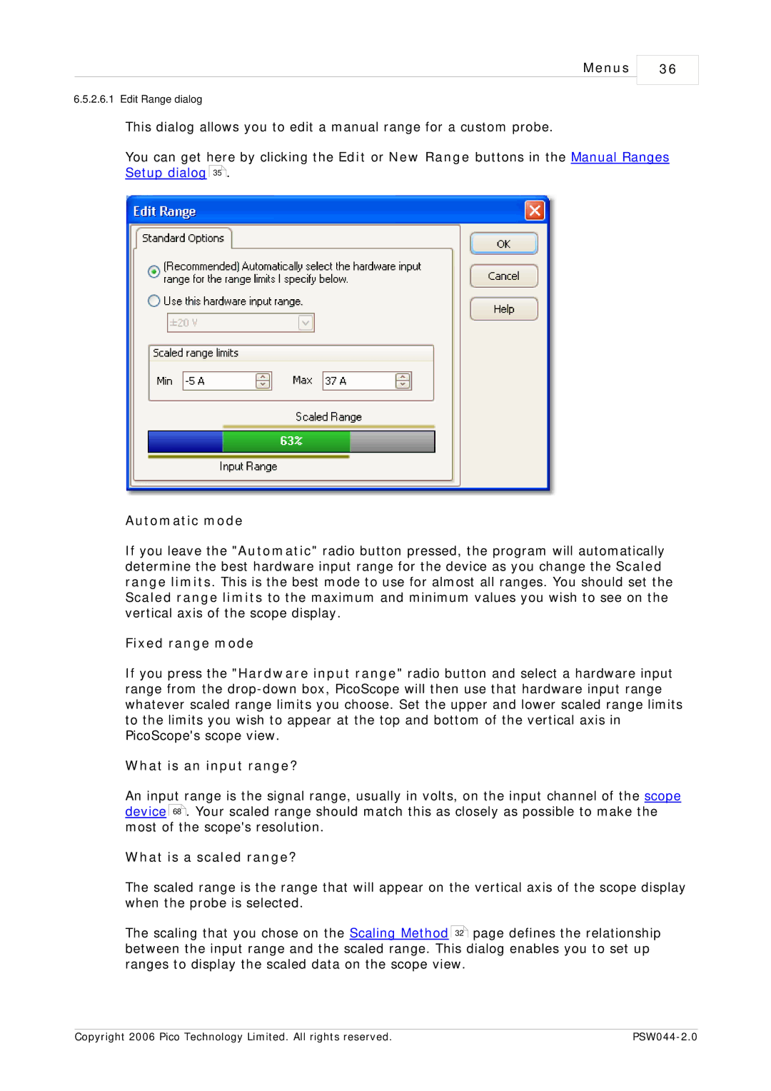 Pico Macom PSW044-2.0 manual Automatic mode, Fixed range mode, What is an input range?, What is a scaled range? 