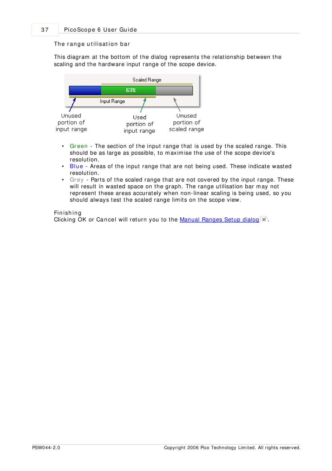Pico Macom PSW044-2.0 manual PicoScope 6 User Guide Range utilisation bar, Finishing 