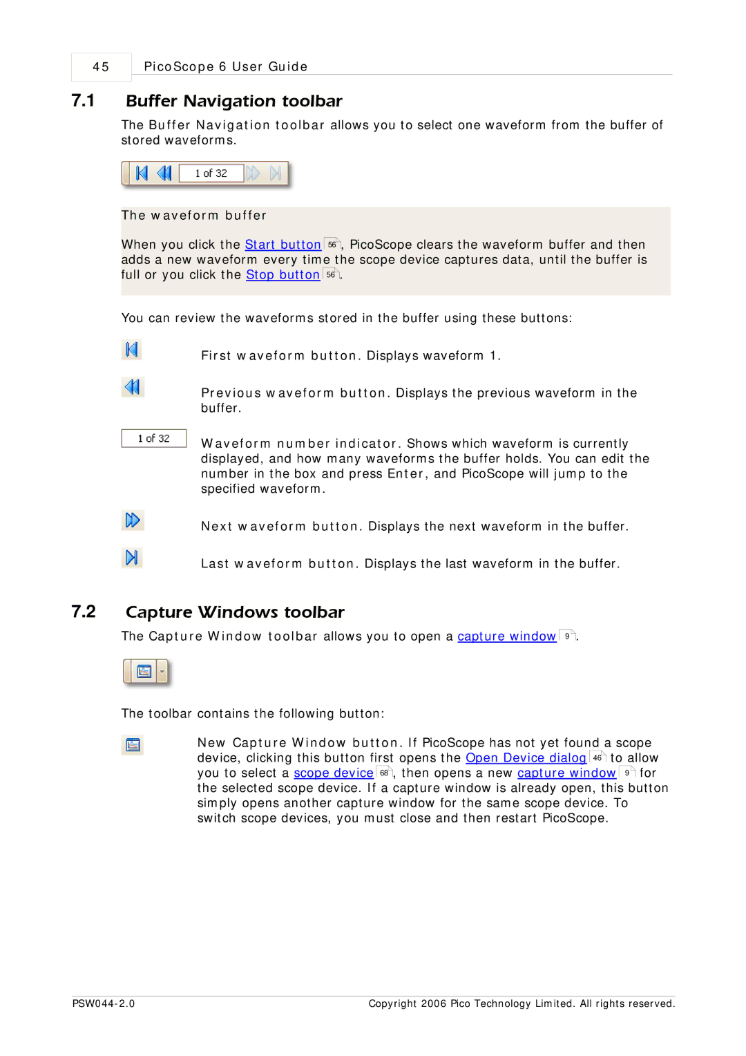 Pico Macom PSW044-2.0 manual Buffer Navigation toolbar, Capture Windows toolbar, Waveform buffer 