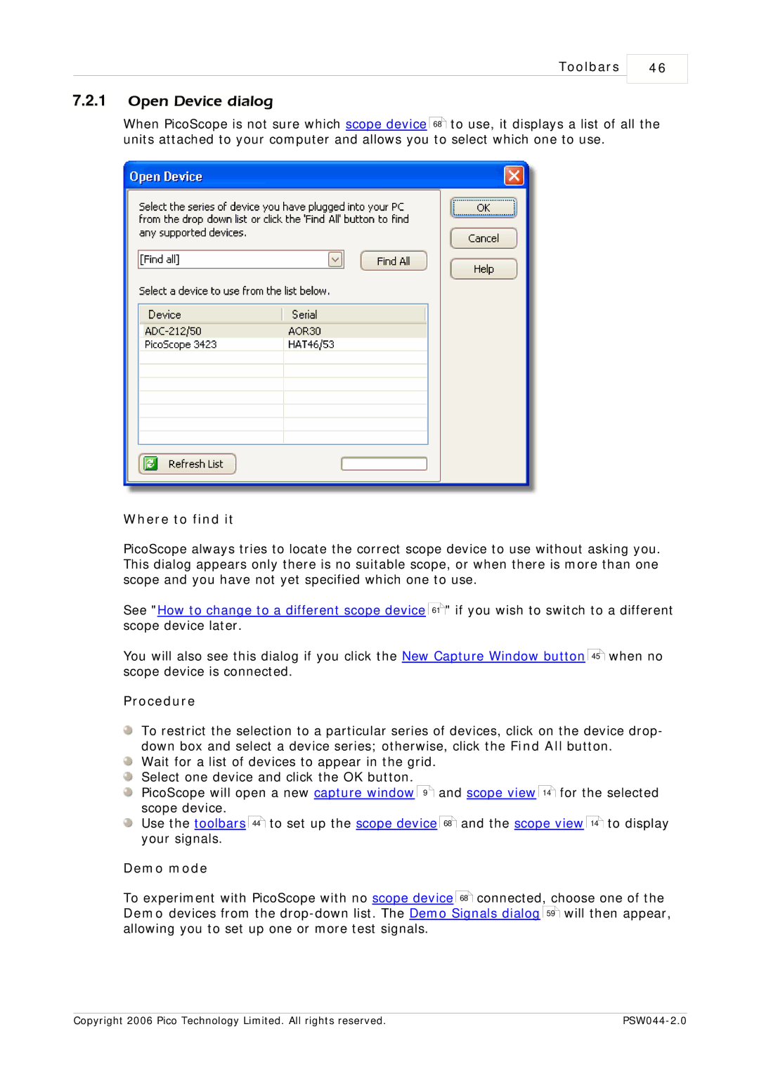 Pico Macom PSW044-2.0 manual Open Device dialog, Demo mode 