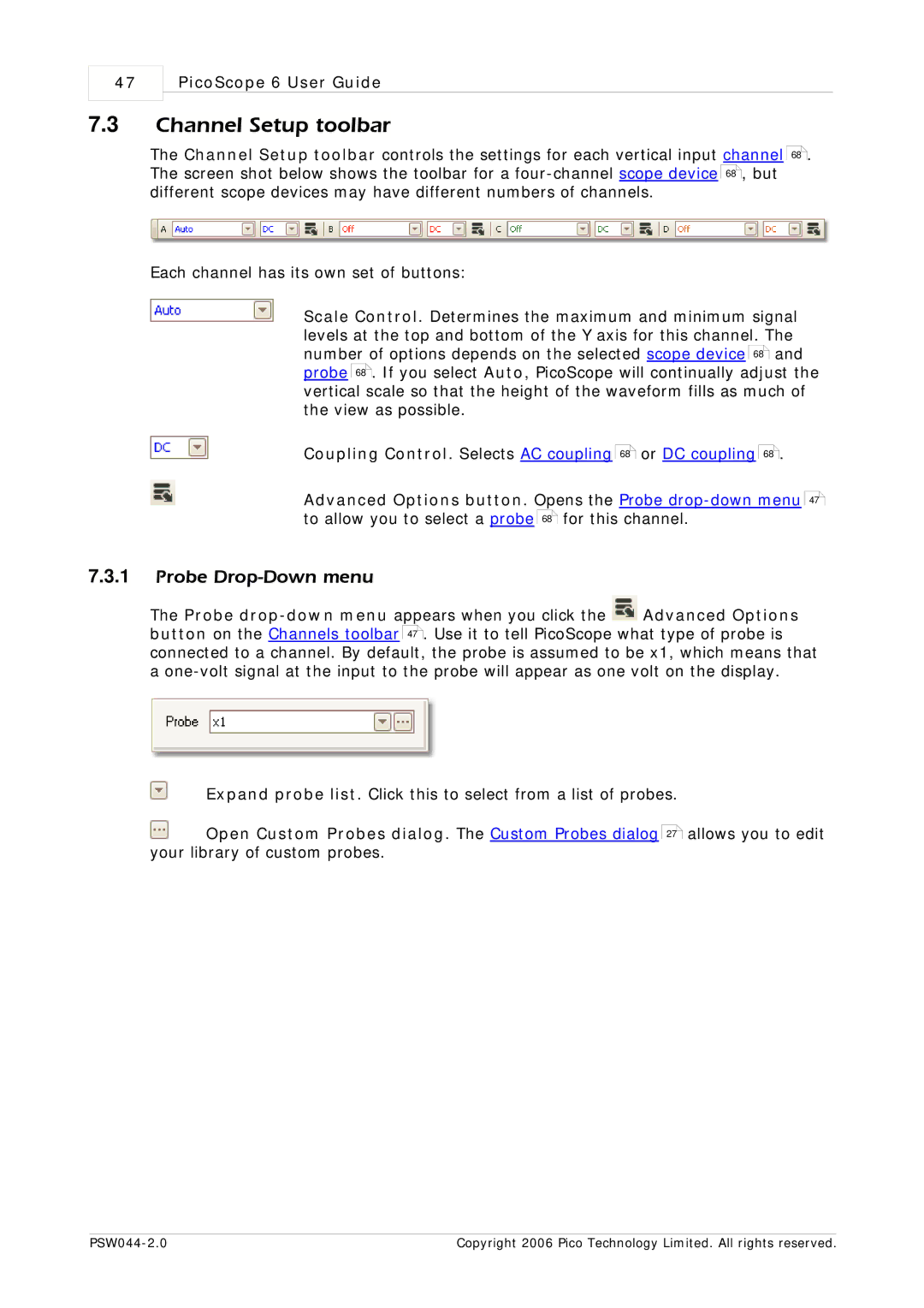 Pico Macom PSW044-2.0 manual Channel Setup toolbar, Probe Drop-Down menu 