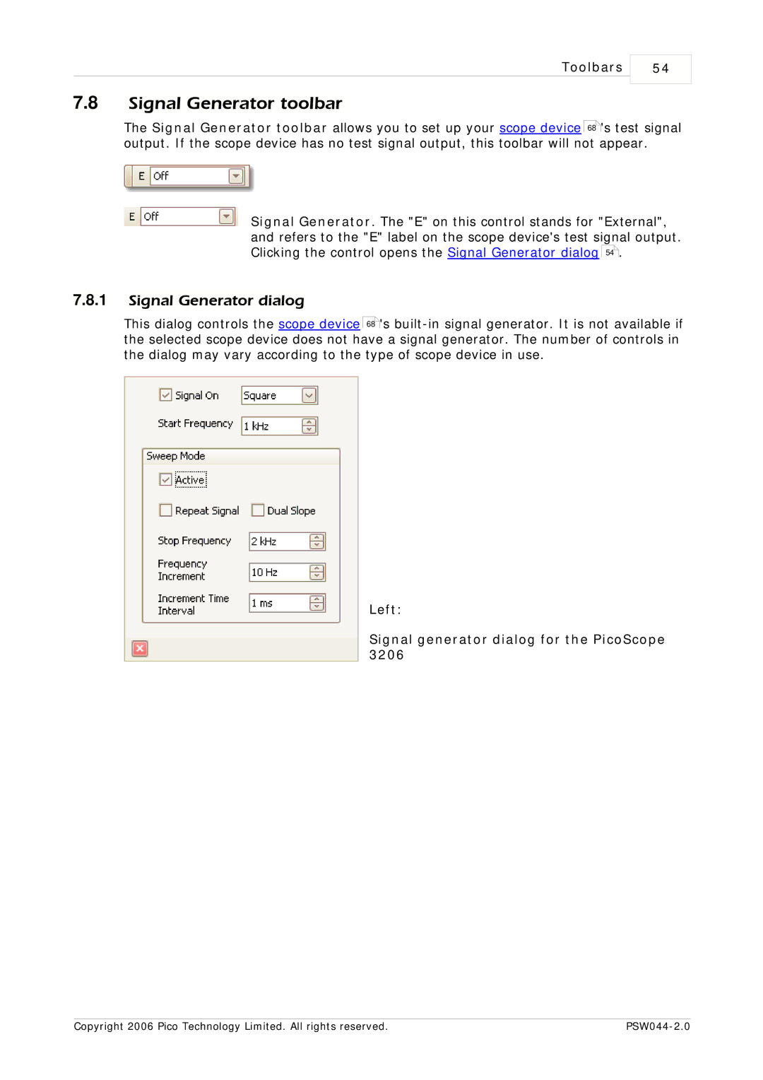Pico Macom PSW044-2.0 manual Signal Generator toolbar, Signal Generator dialog 