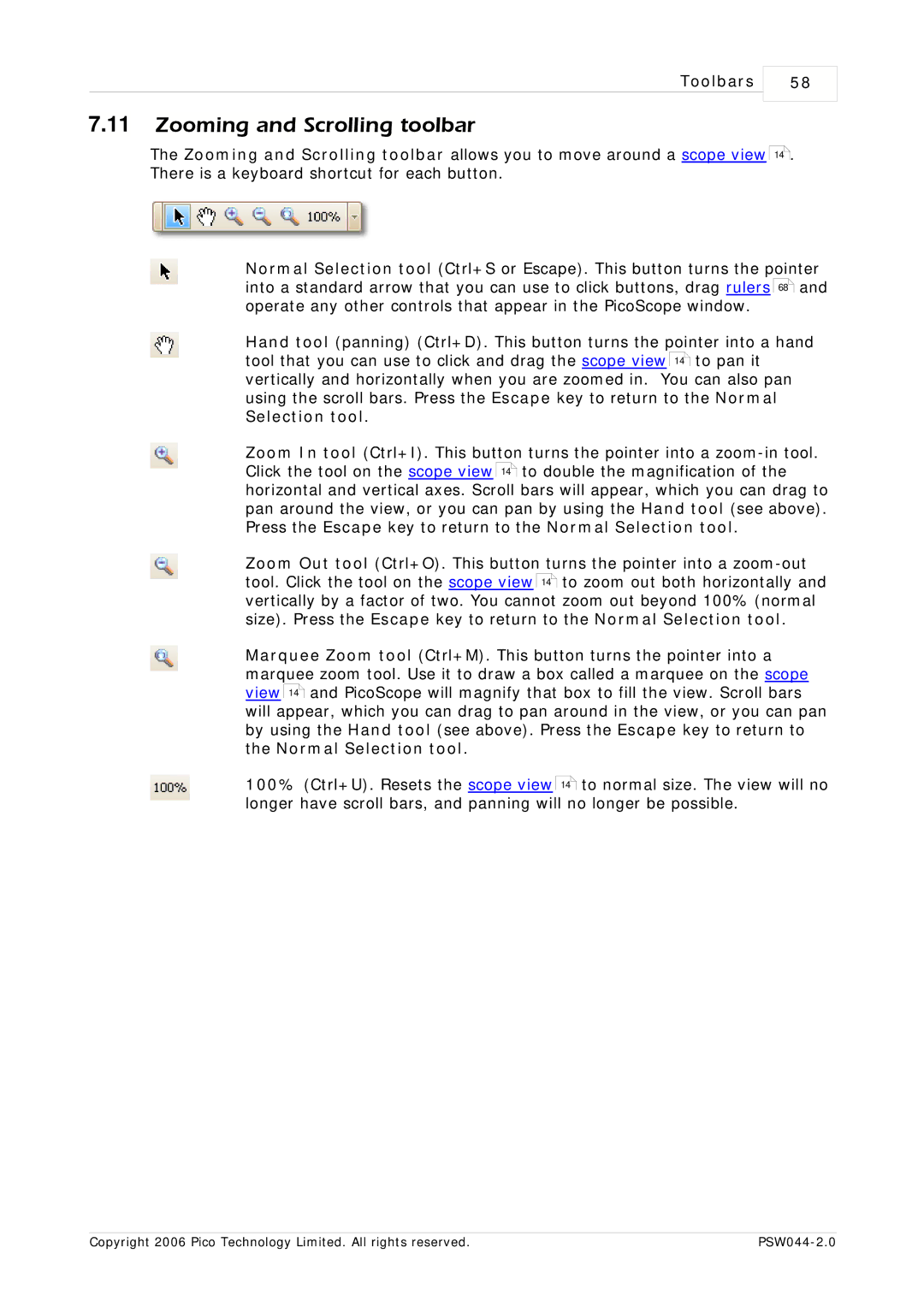 Pico Macom PSW044-2.0 manual Zooming and Scrolling toolbar 