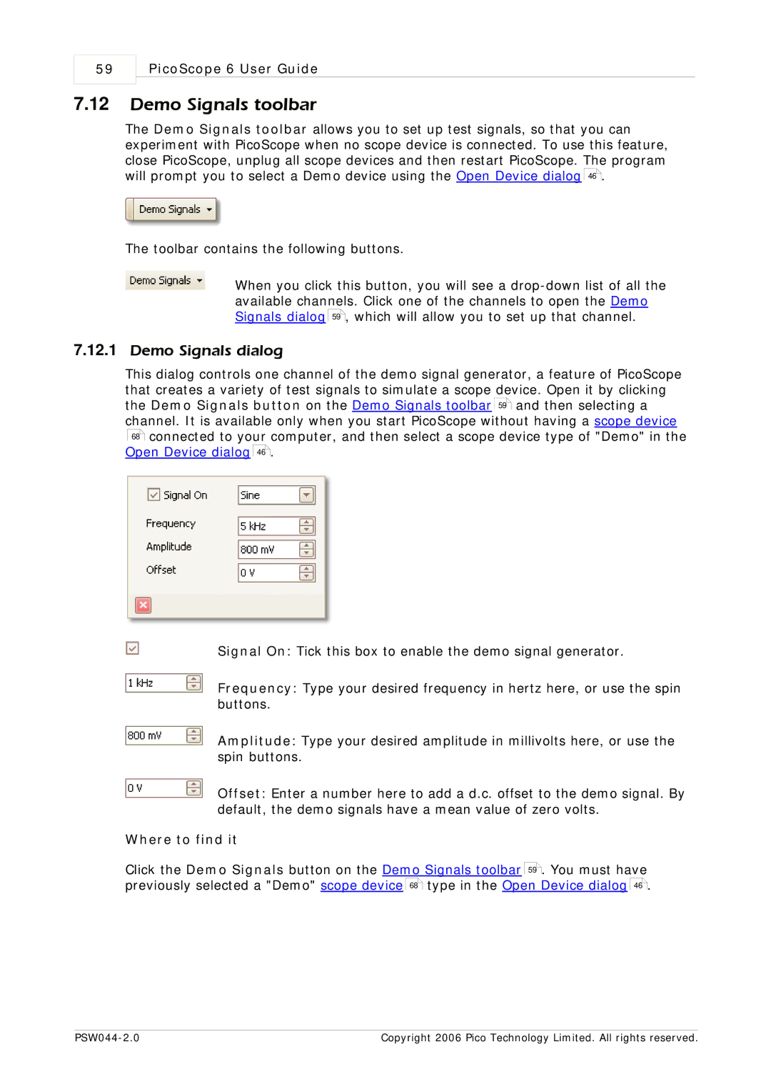 Pico Macom PSW044-2.0 manual Demo Signals toolbar, Demo Signals dialog 