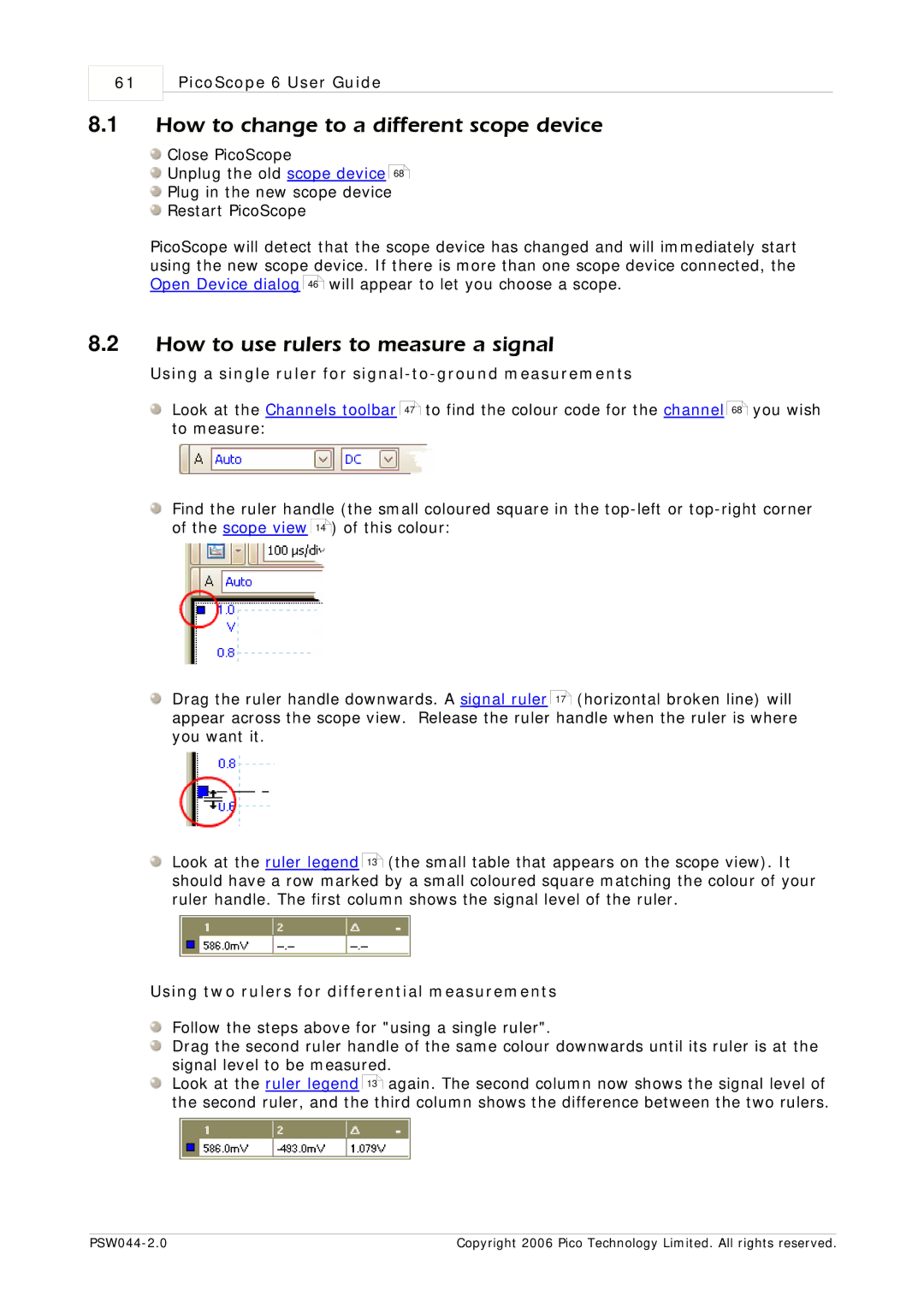 Pico Macom PSW044-2.0 manual How to change to a different scope device, How to use rulers to measure a signal 