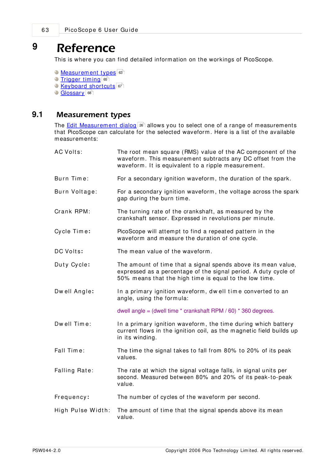 Pico Macom PSW044-2.0 manual Reference, Measurement types 