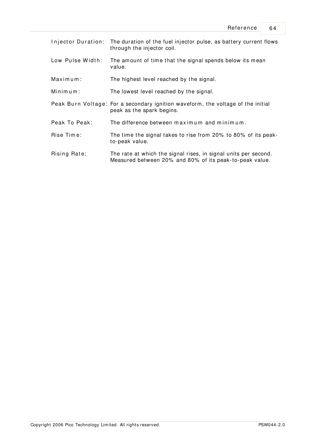 Pico Macom PSW044-2.0 manual Reference, Peak To Peak The difference between maximum and minimum 
