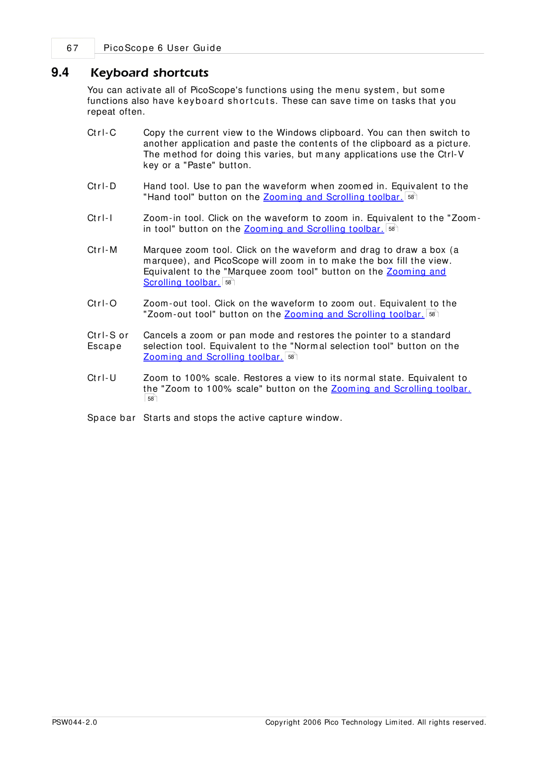 Pico Macom PSW044-2.0 manual Keyboard shortcuts 