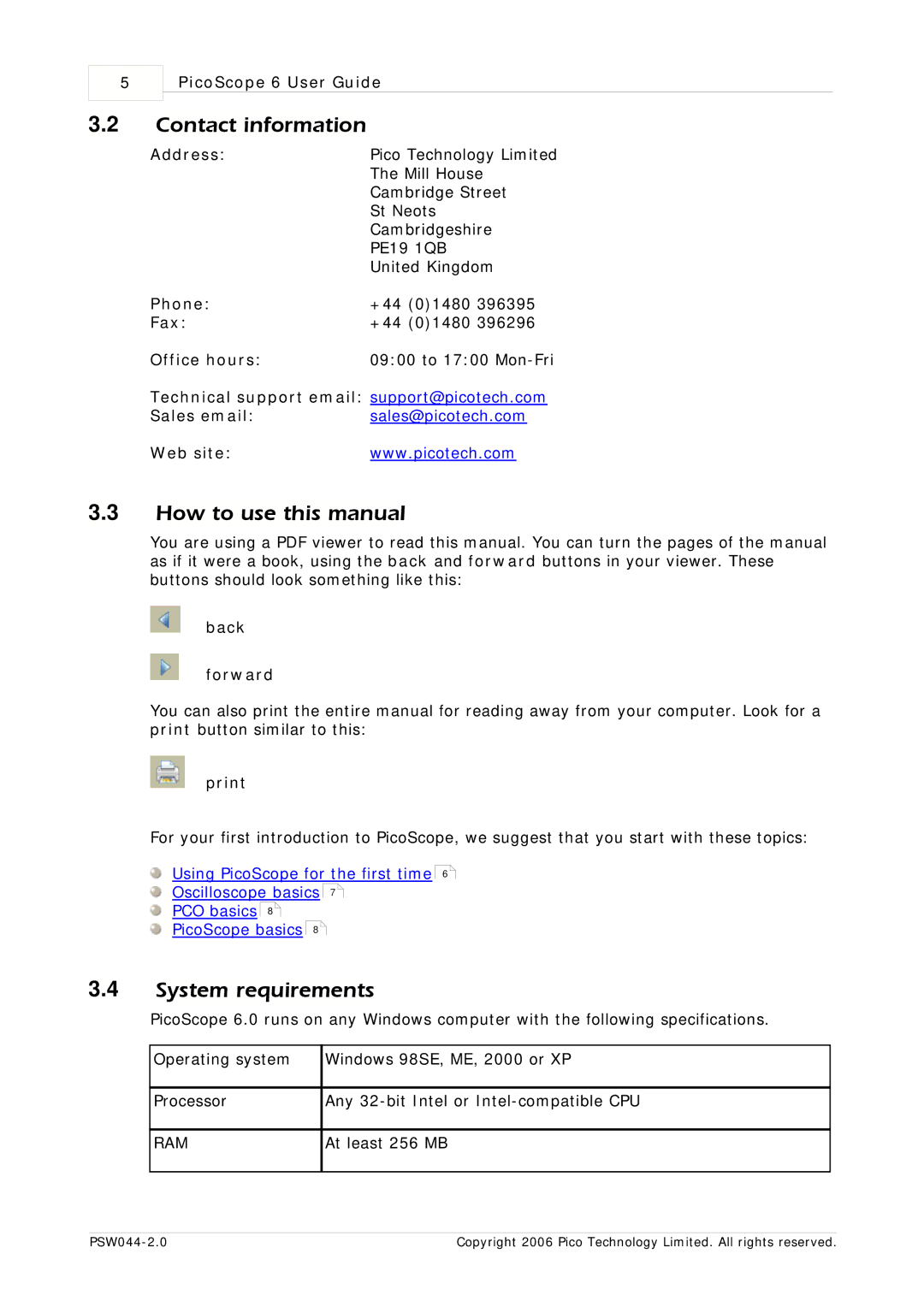 Pico Macom PSW044-2.0 Contact information, How to use this manual, System requirements 