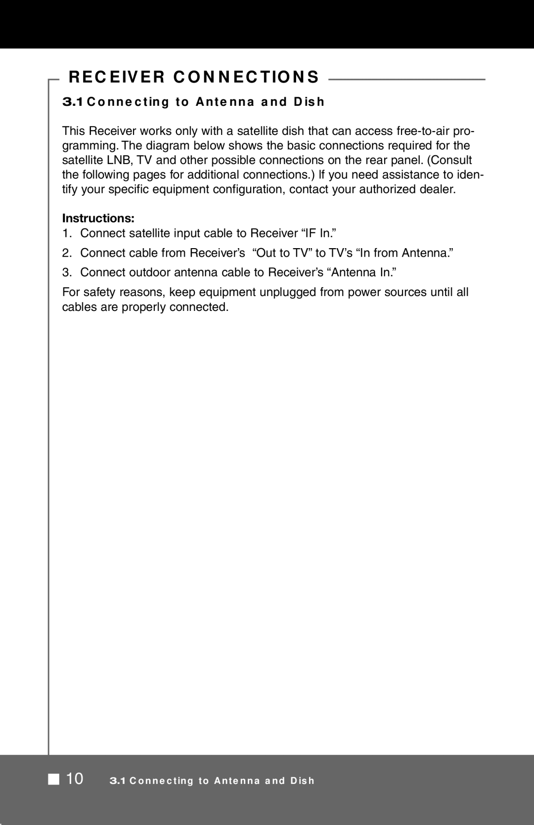 Pico Macom SIRD-FTA manual Receiver Connections, Connecting to Antenna and Dish, Instructions 