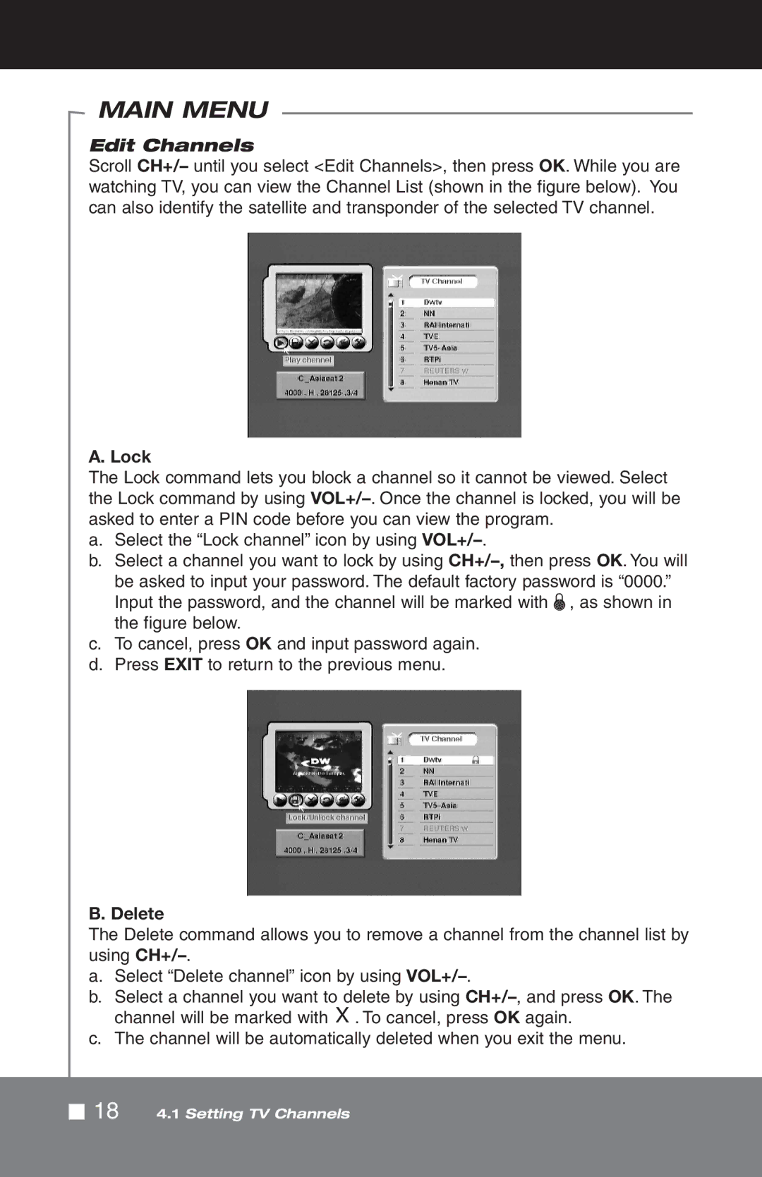 Pico Macom SIRD-FTA manual Edit Channels, Lock, Delete 