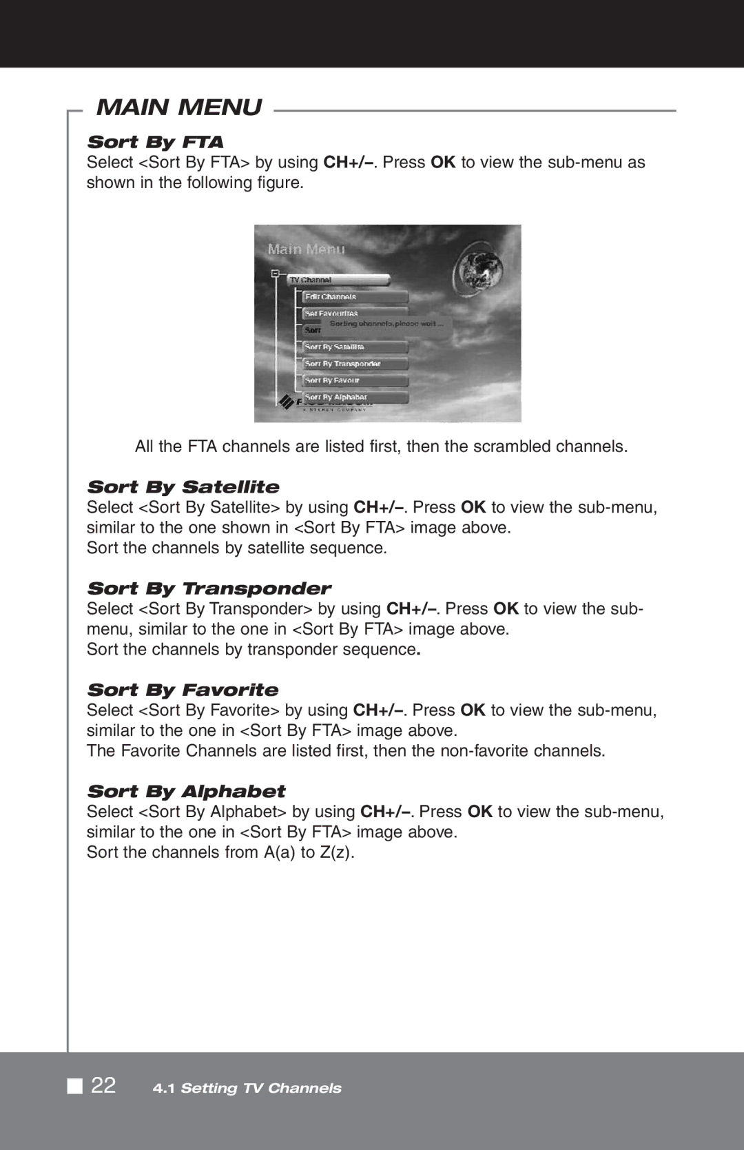 Pico Macom SIRD-FTA manual Sort By FTA, Sort By Satellite, Sort By Transponder, Sort By Favorite, Sort By Alphabet 