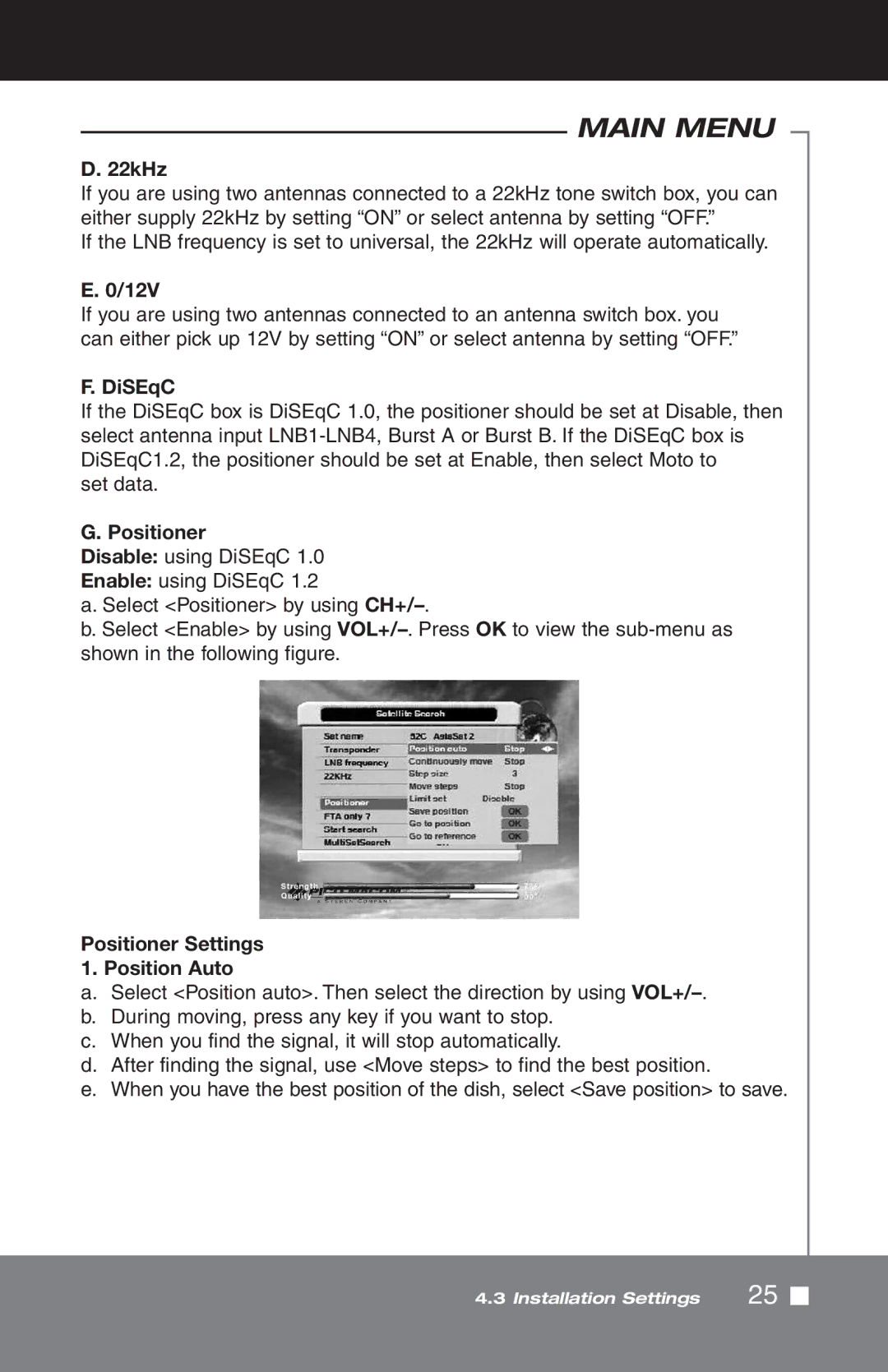 Pico Macom SIRD-FTA manual 22kHz, 12V, DiSEqC, Positioner Settings Position Auto 