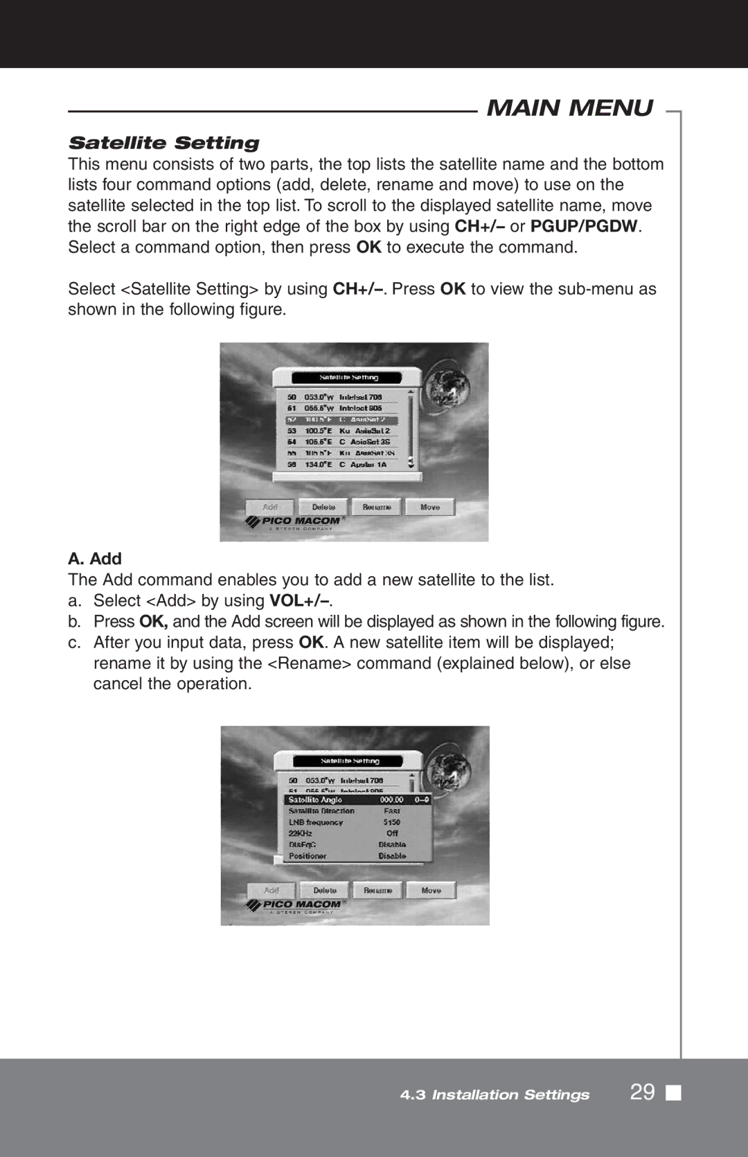 Pico Macom SIRD-FTA manual Satellite Setting, Add 