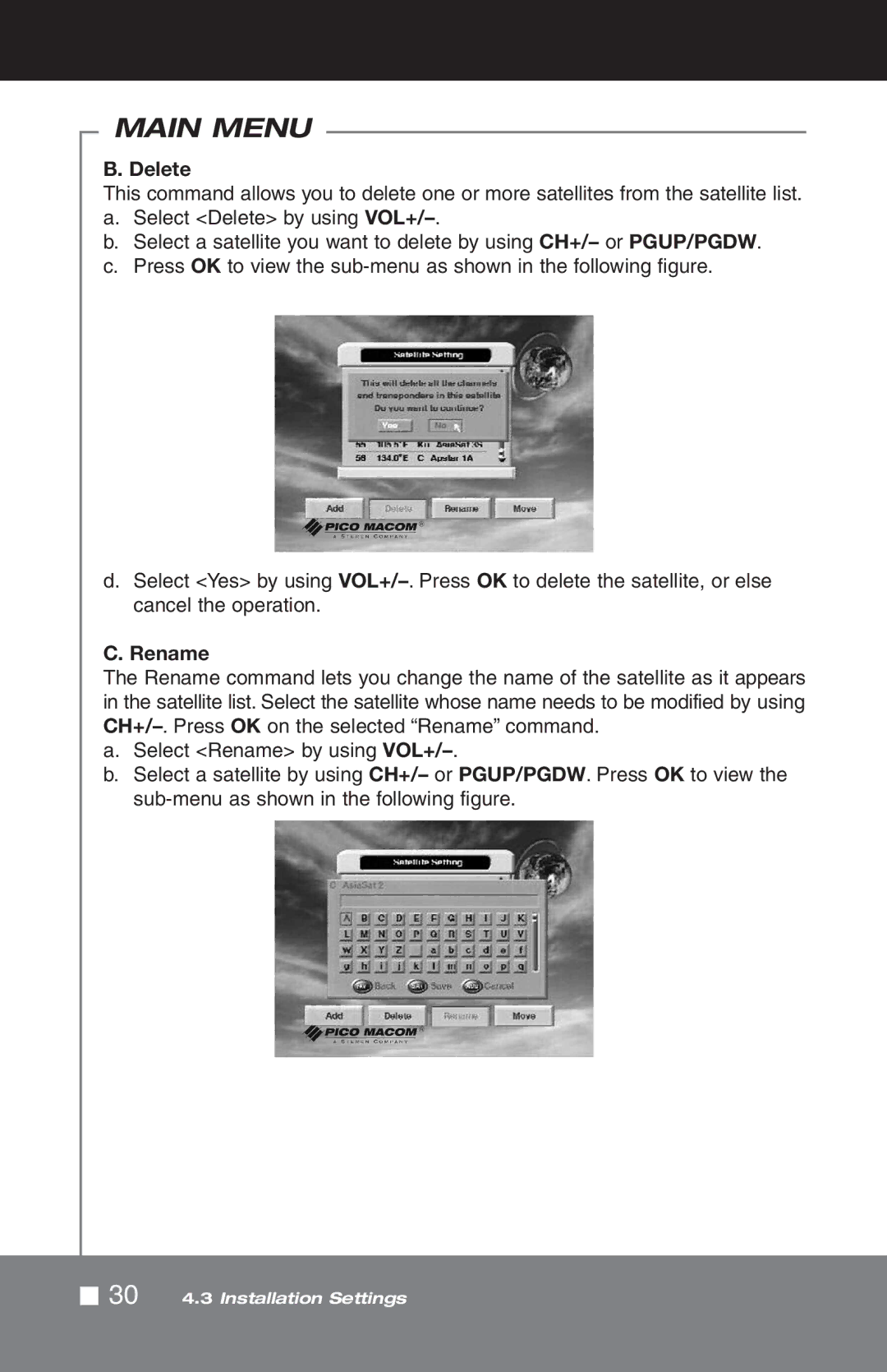 Pico Macom SIRD-FTA manual 30 4.3 Installation Settings 