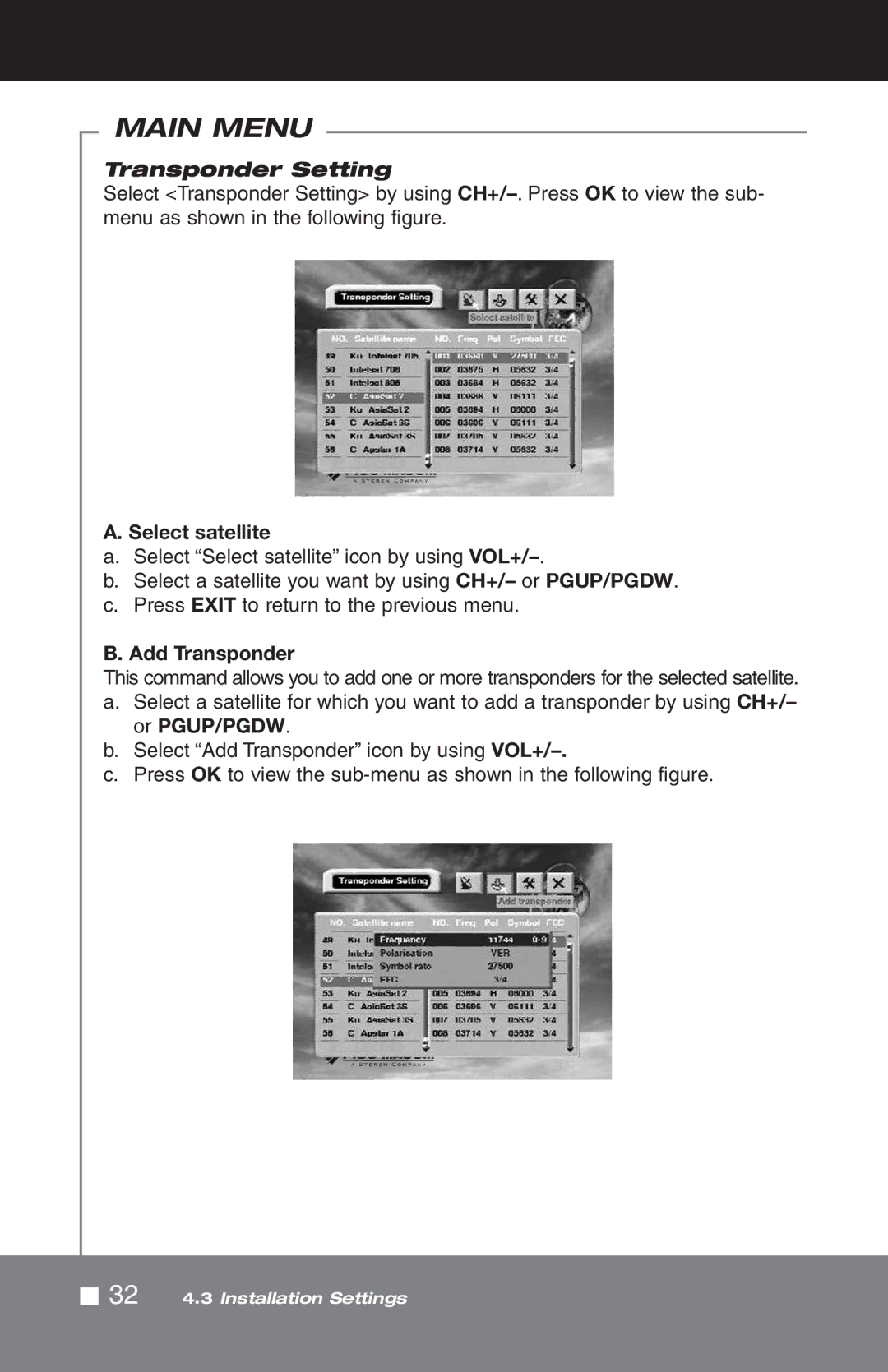 Pico Macom SIRD-FTA manual Transponder Setting, Select satellite, Add Transponder 