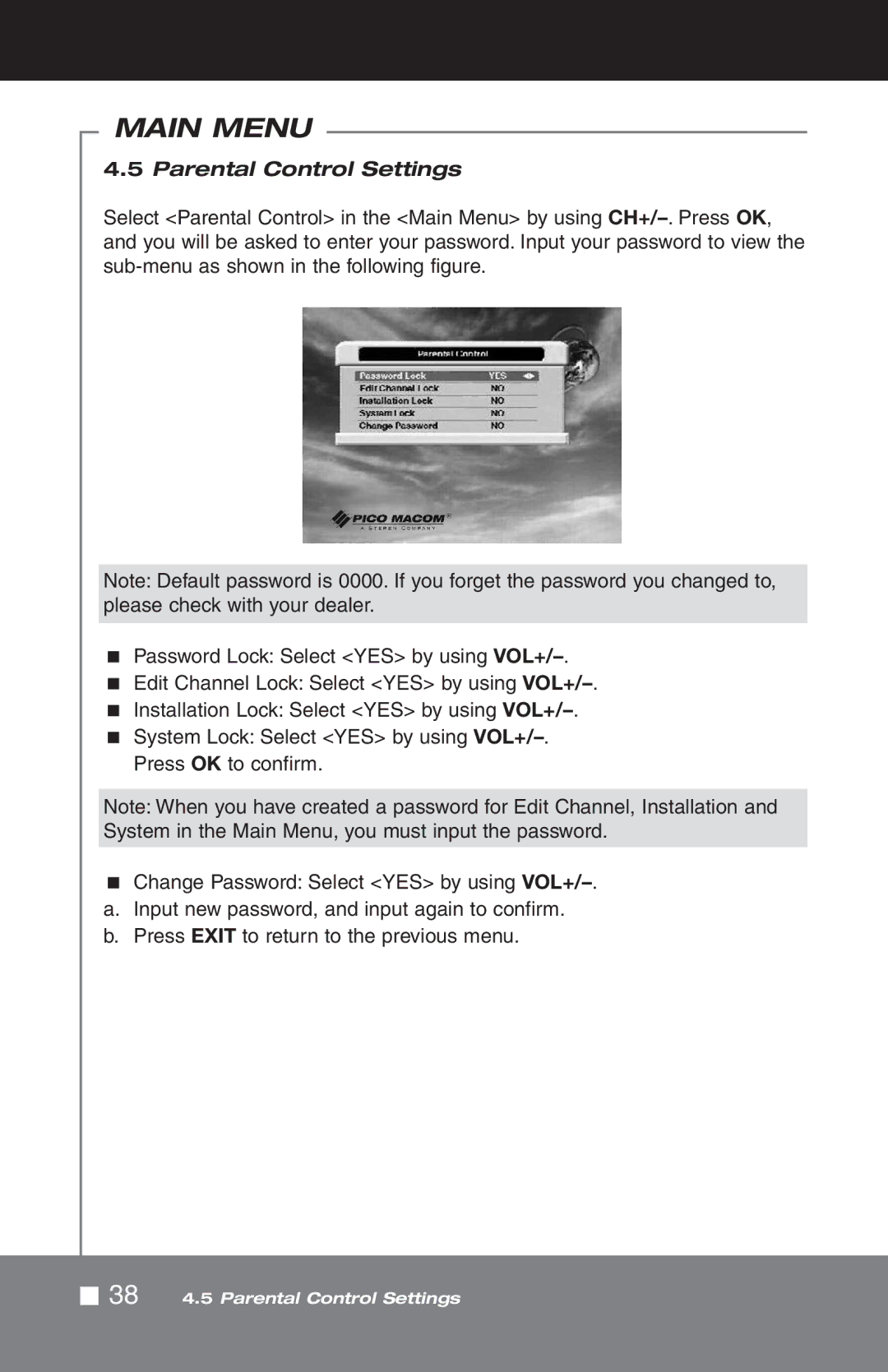 Pico Macom SIRD-FTA manual Parental Control Settings 