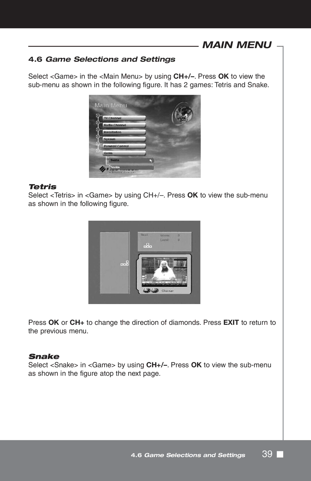 Pico Macom SIRD-FTA manual Game Selections and Settings, Tetris, Snake 