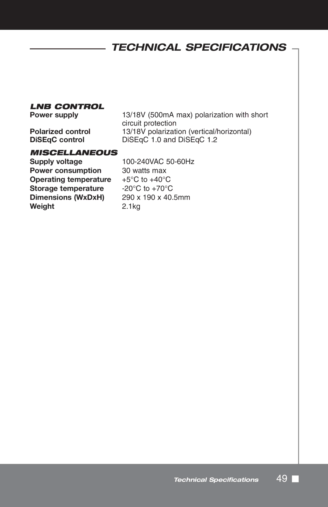 Pico Macom SIRD-FTA Power supply, Polarized control, DiSEqC control, Supply voltage, Power consumption, Dimensions WxDxH 