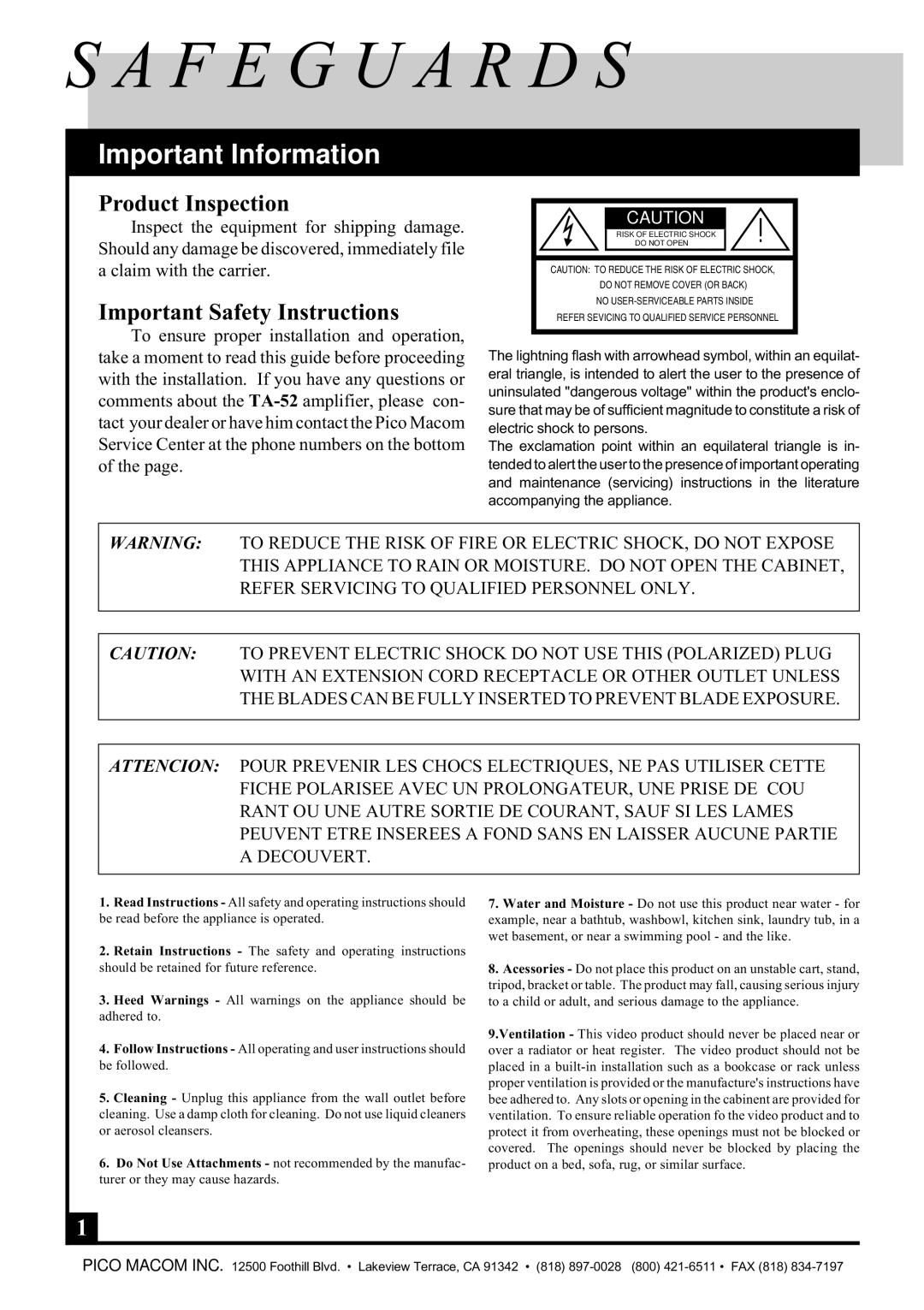 Pico Macom TA-52 operation manual F E G U a R D S, Important Information 