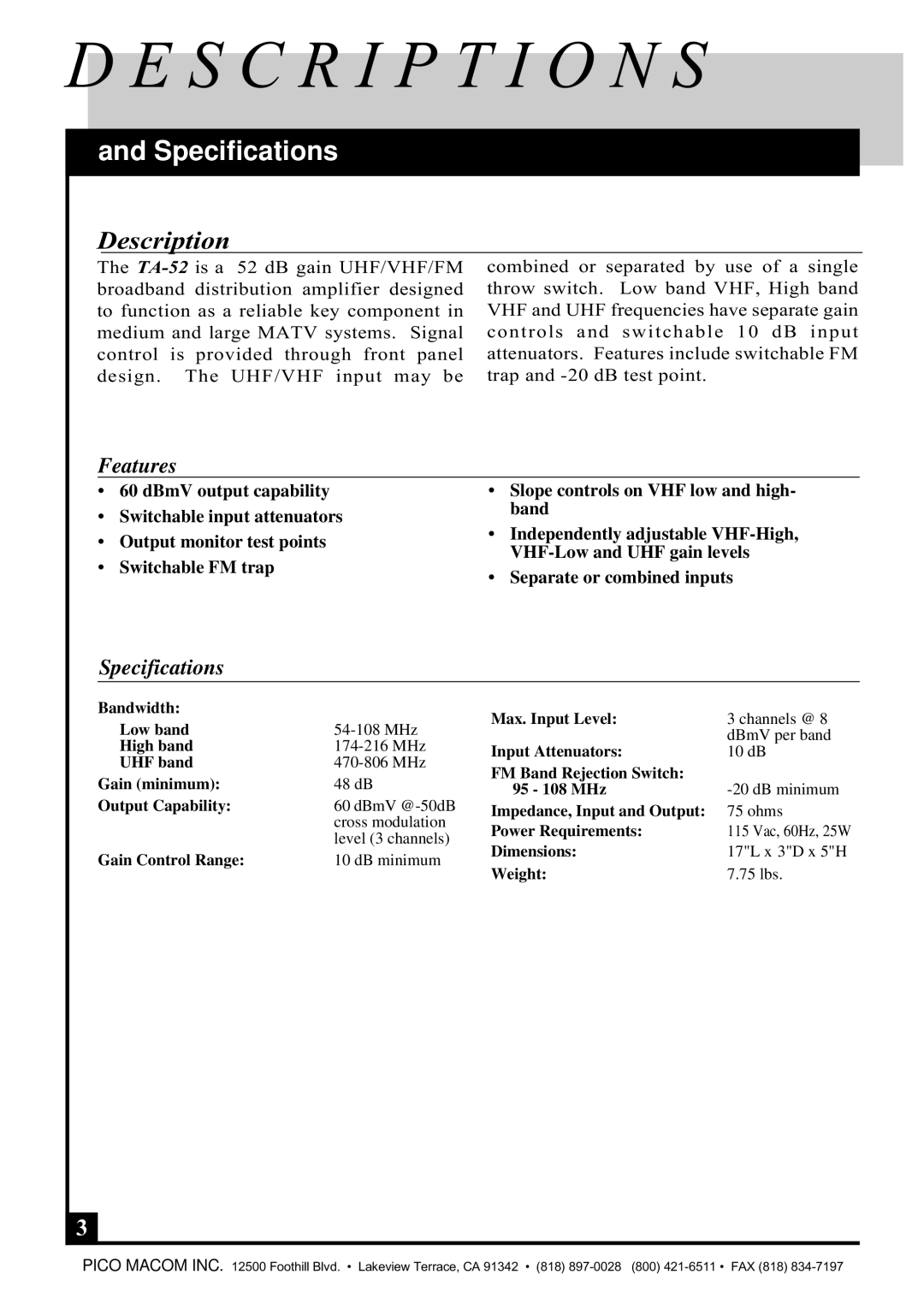 Pico Macom TA-52 operation manual S C R I P T I O N S, Specifications 