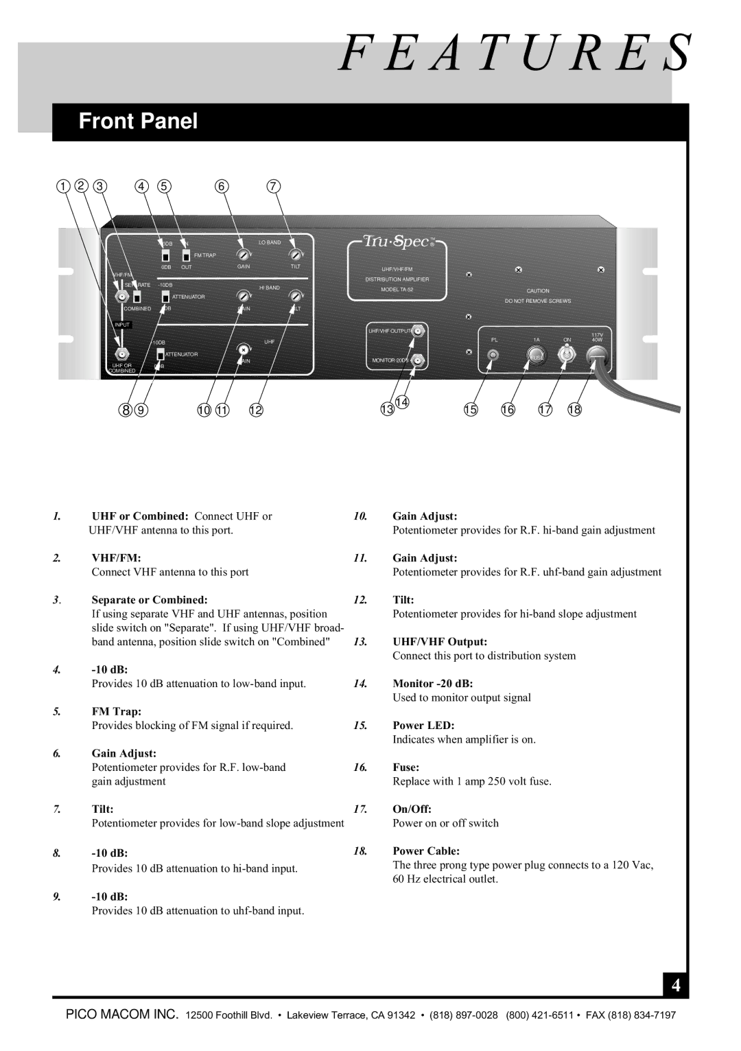 Pico Macom TA-52 operation manual A T U R E S, Front Panel 