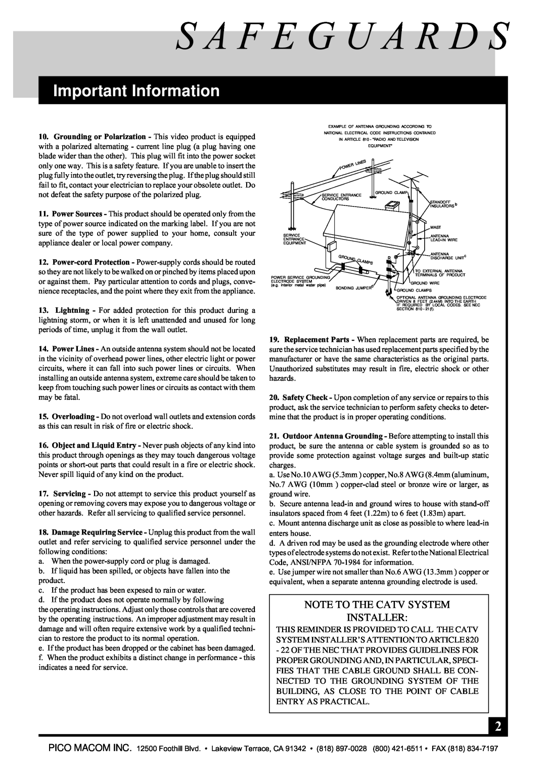 Pico Macom TA-52 operation manual S A F E G U A R D S, Important Information, Note To The Catv System Installer 