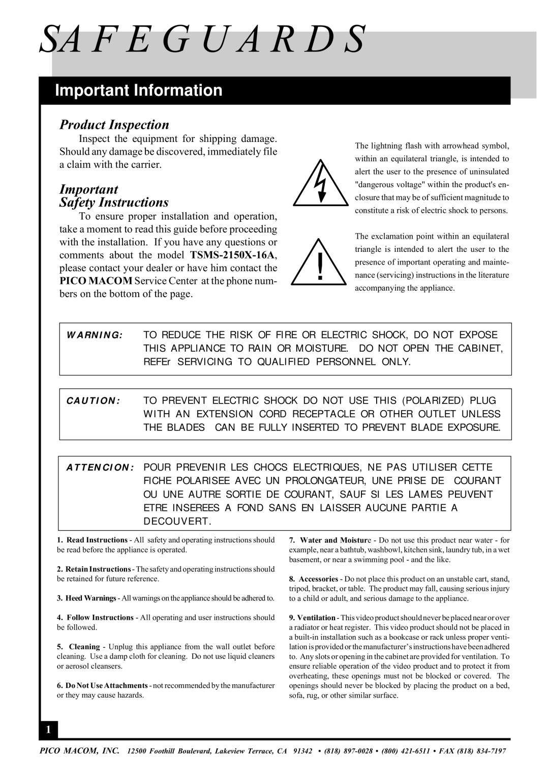 Pico Macom TSMS-2150X, TSMS-16A SA F E G U a R D S, Important Information, Product Inspection, Safety Instructions 