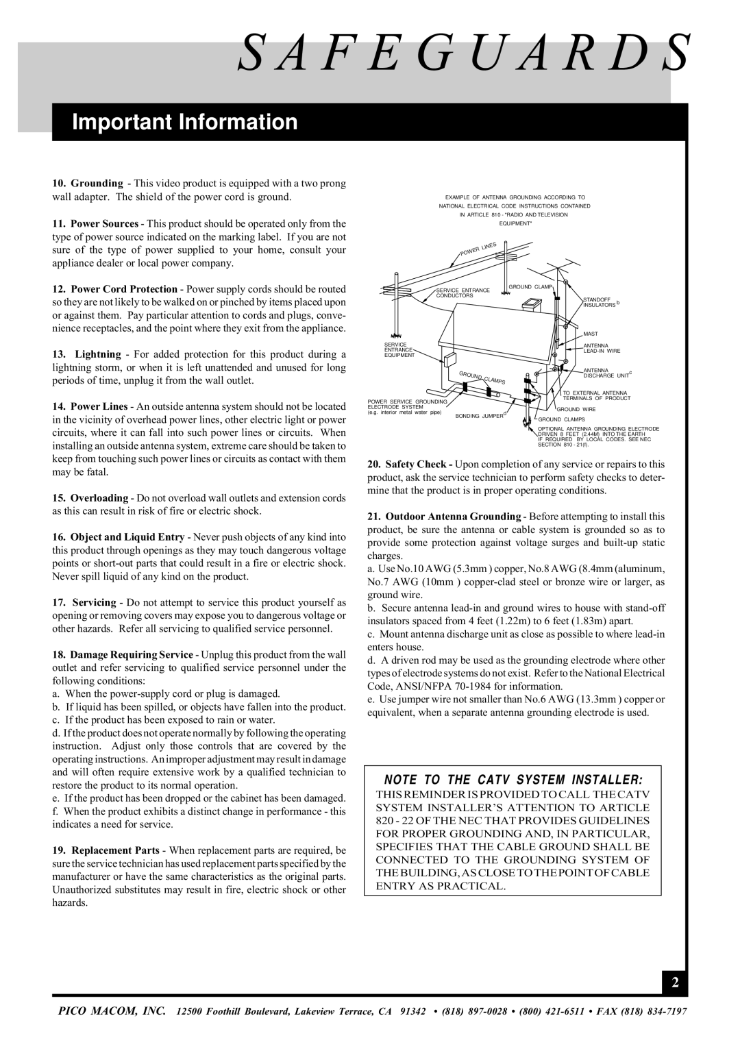 Pico Macom TSMS-16A, TSMS-2150X operation manual F E G U a R D S, Lightning For added protection for this product during a 