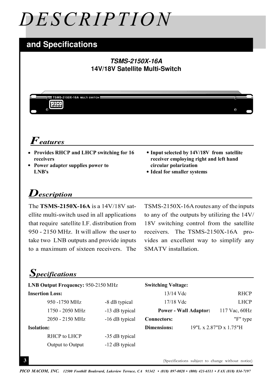 Pico Macom TSMS-2150X, TSMS-16A operation manual S C R I P T I O N, Specifications 