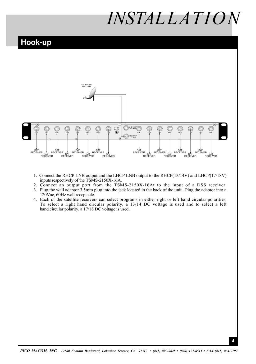 Pico Macom TSMS-16A, TSMS-2150X operation manual Installation, Hook-up 